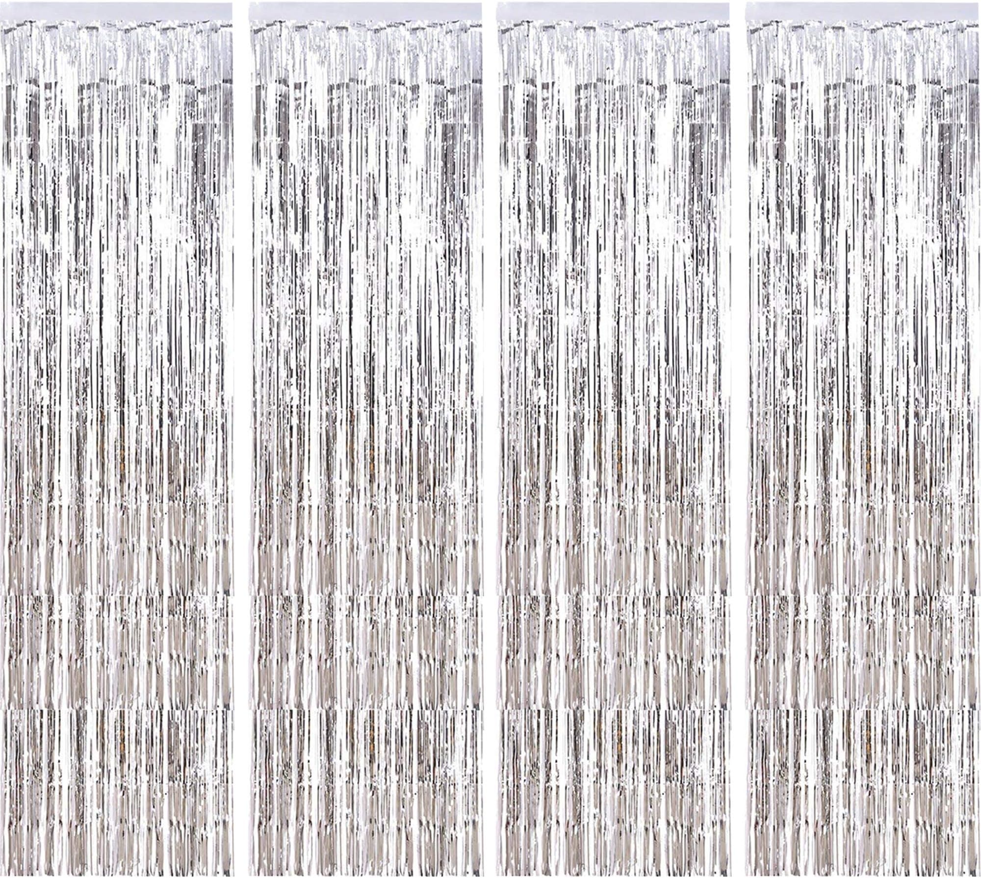 pozzolanas 4 Pack Foil Fringe Curtain Metallic Tinsel Fringe Curtains Shimmer Party Photo Backdrop Curtains for Birthday, Christmas, New Years, Weddings Party Decorations(Silver)