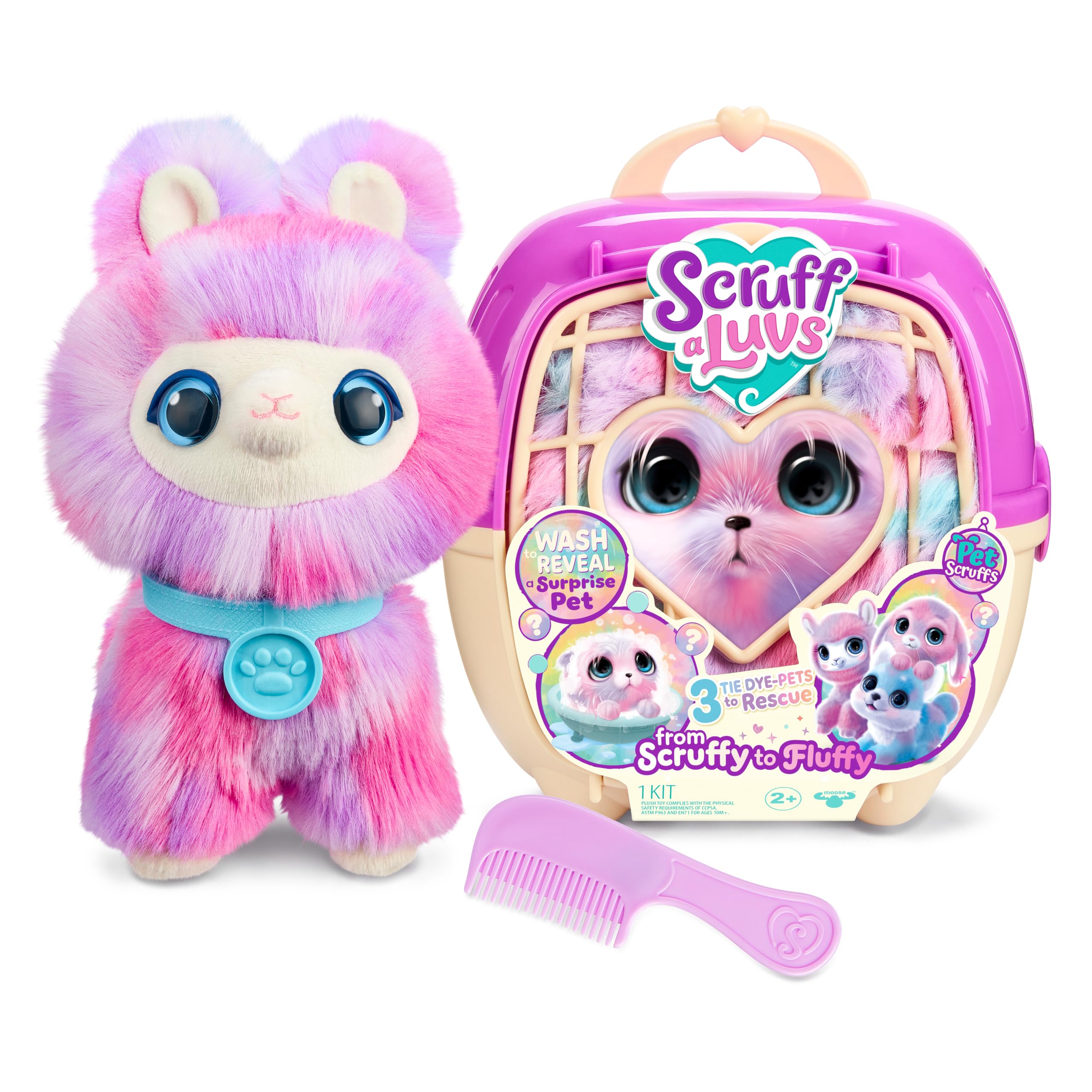 SCRUFFALUVS Tie-Dye Mystery Plush Toy, Wash to Reveal, Scruff a Luvs Pets | Includes deluxe pet carrier, comb, collar, and adoption certificate, animal plushies pretend play set, toddler toys 3+