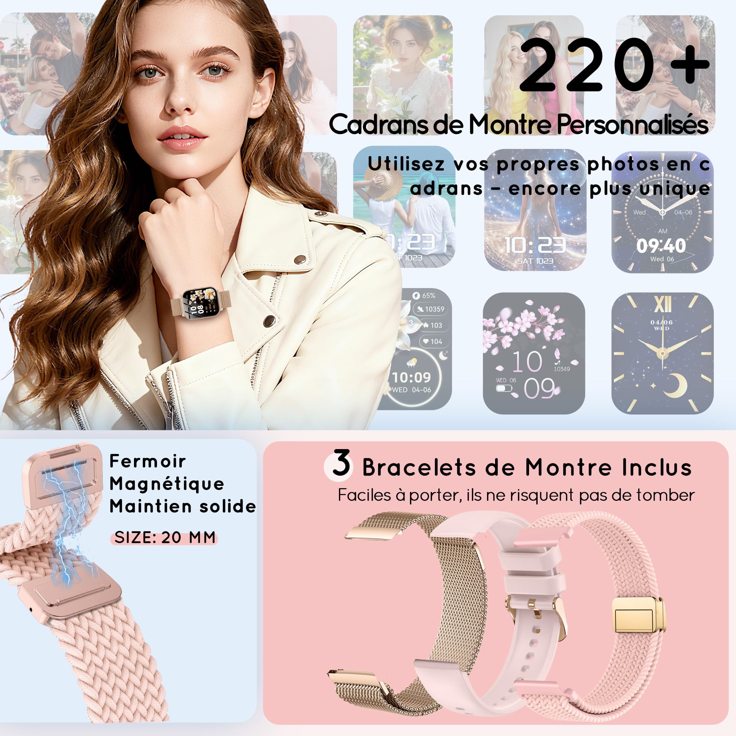 Montre Connectée Femme avec 3 Bracelets 30+ Jour Ultra 1,85" HD Fitness Smartwatch avec Appel Bluetooth/Fréquence Cardiaque/SpO2/Sommeil, 120+ Modes Sportifs,1000mAh pour iOS Android, Or Rose