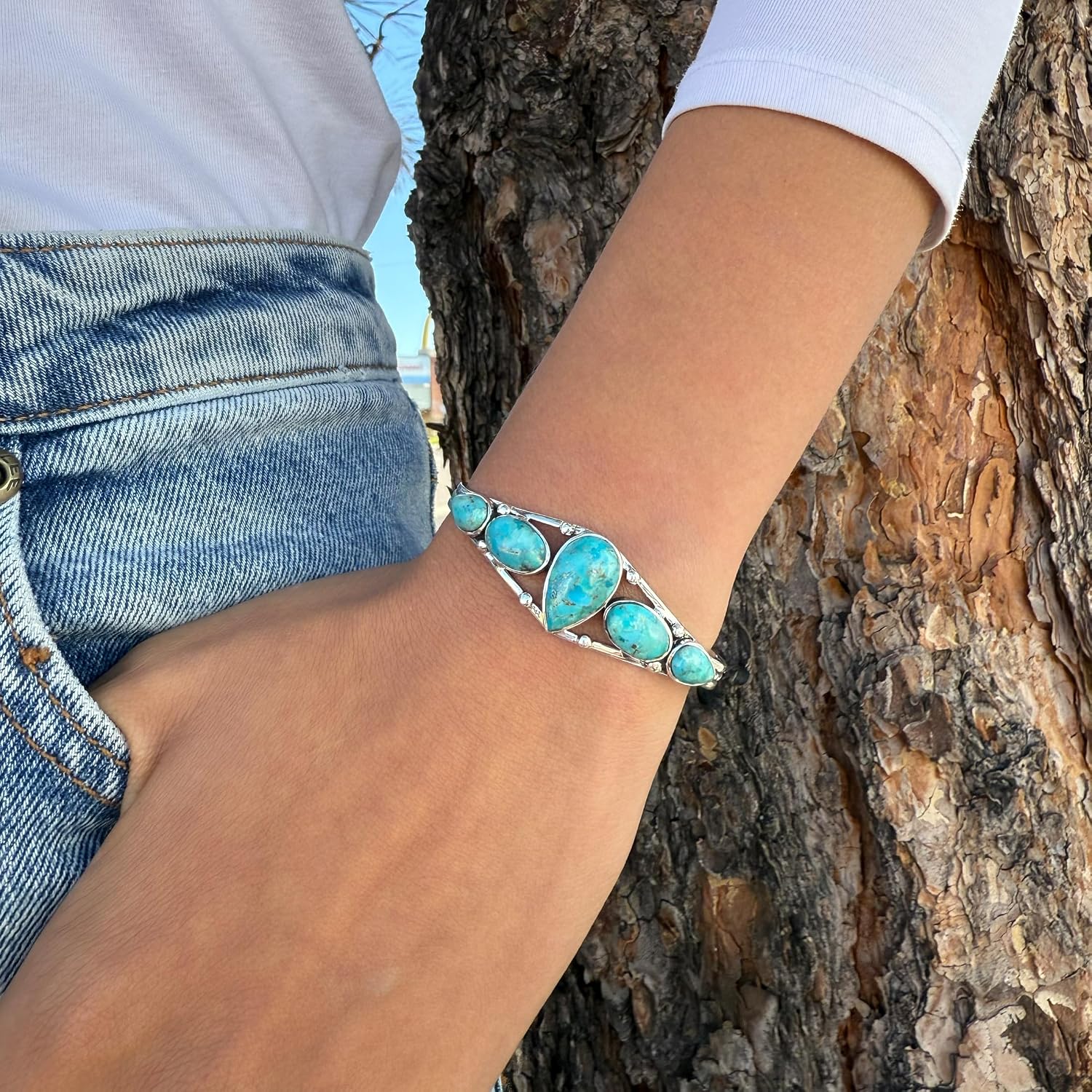 Turquoise Bracelet Sterling Silver 925 Genuine Gemstones Cuff Bracelet