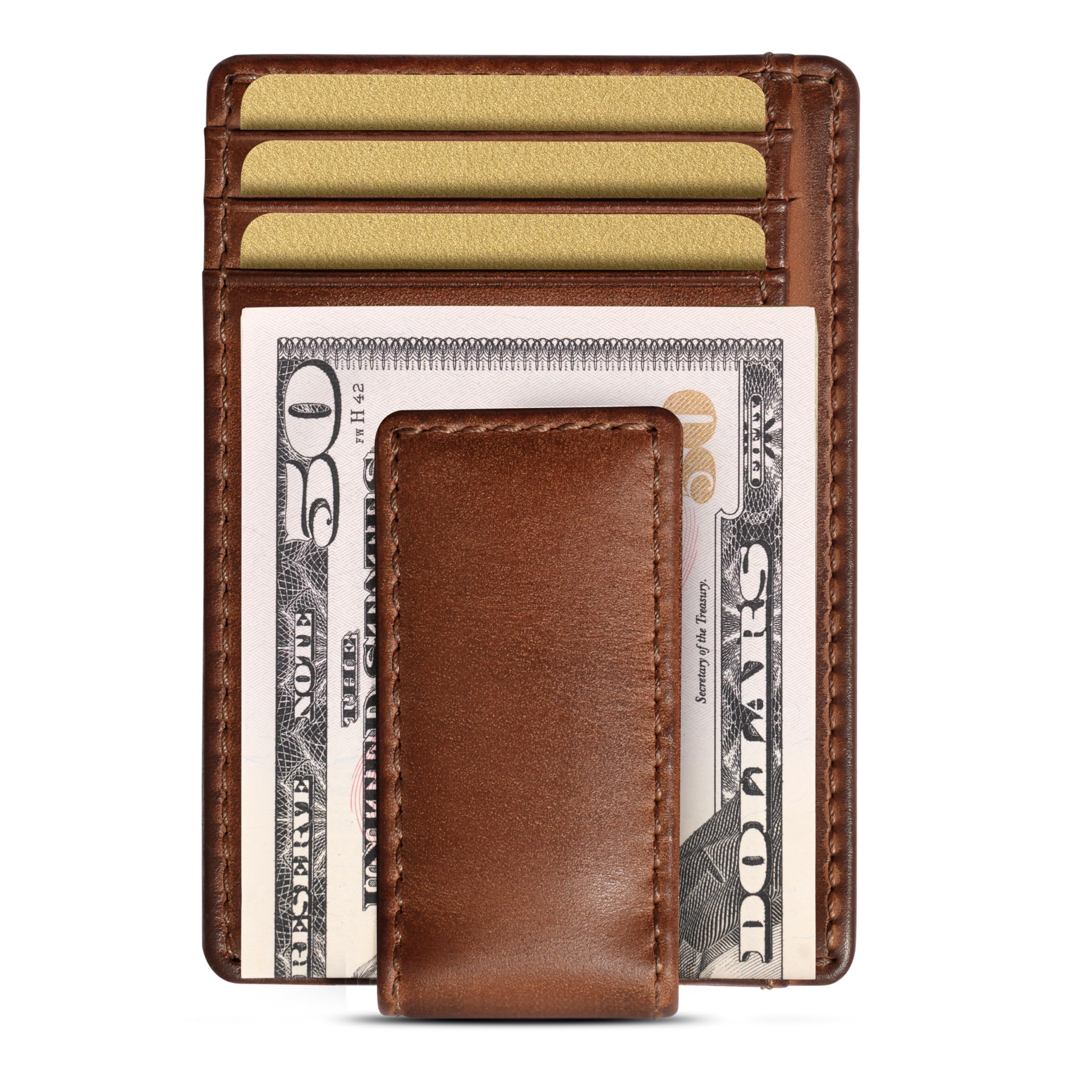 House of Jack Co. Carryall Slim Money Clip Wallet for Men, Strong Magnetic Clip, Front Pocket Wallet Card Holder, Full Grain Cowhide Leather,Tan