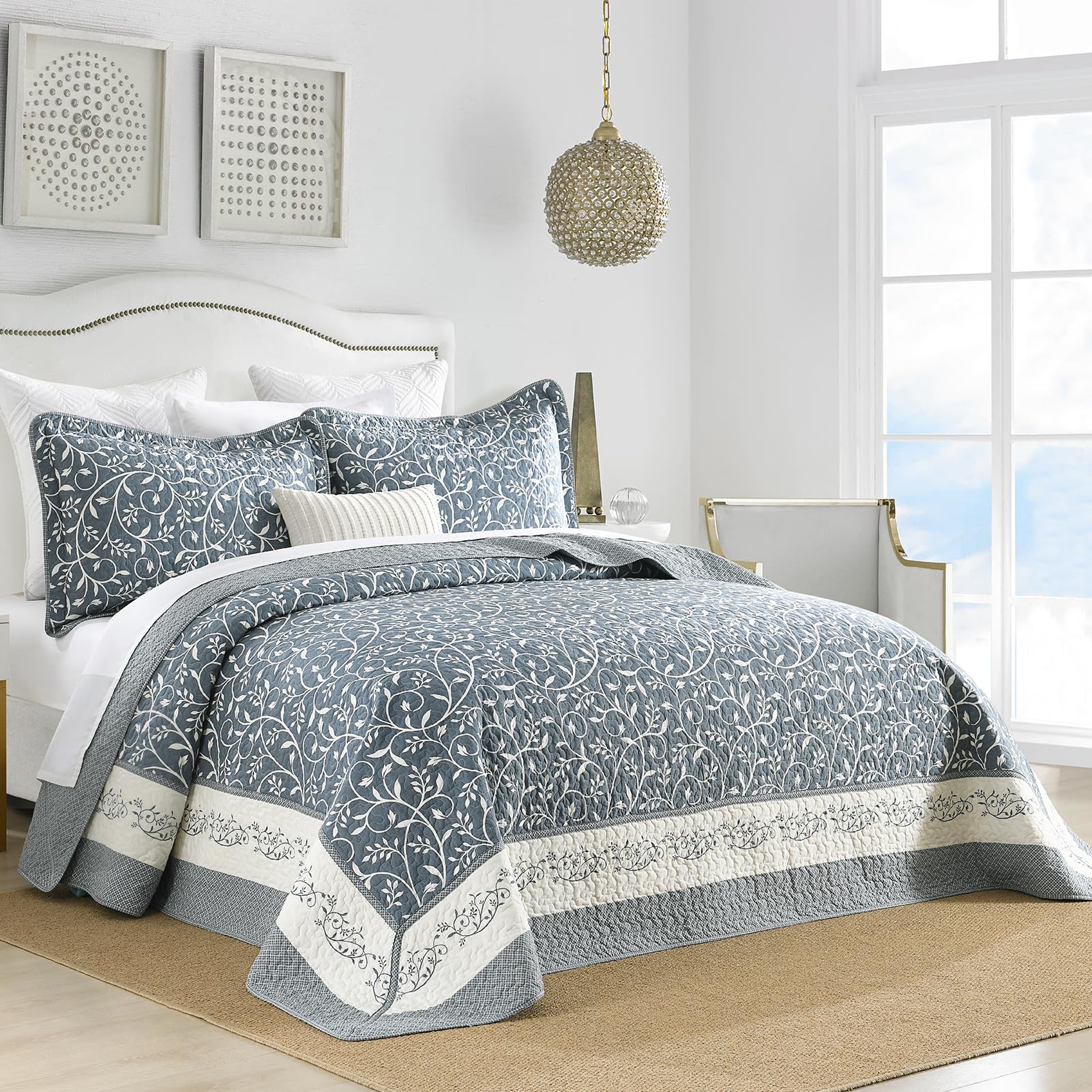 sahsahcasa 100% cotton 128"x120" oversized california king xl bedspread coverlet quilt set, cal king quilted bedspread extra large quilt, bed spread lightweight comforter, 3pc, grayish blue/white