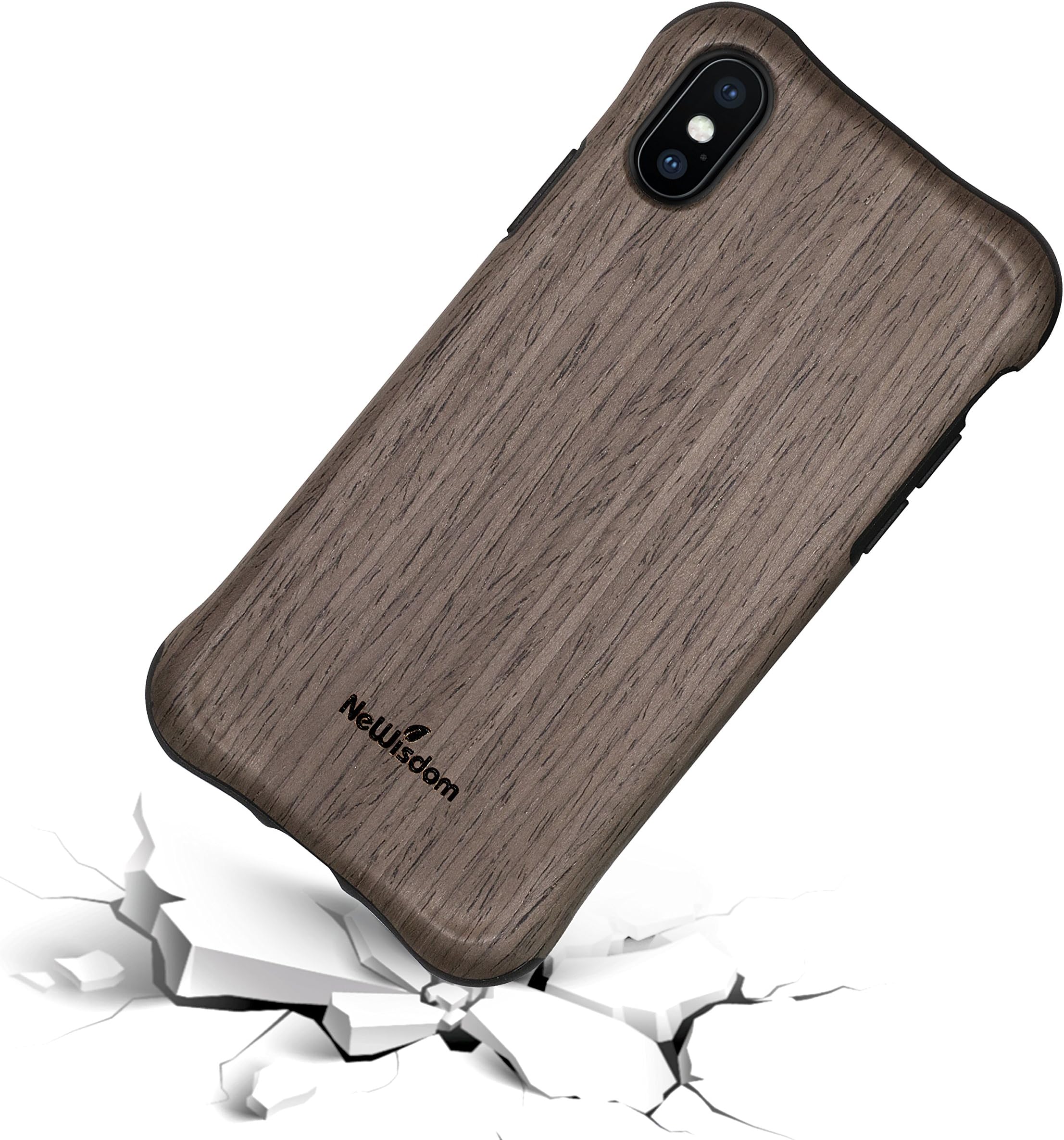 iPhone X Case Wood Shockproof Unique Hybrid Rubberized Cover Wood over Rubber Soft Real Wood Case Cover for Apple iPhoneX - Blackrose