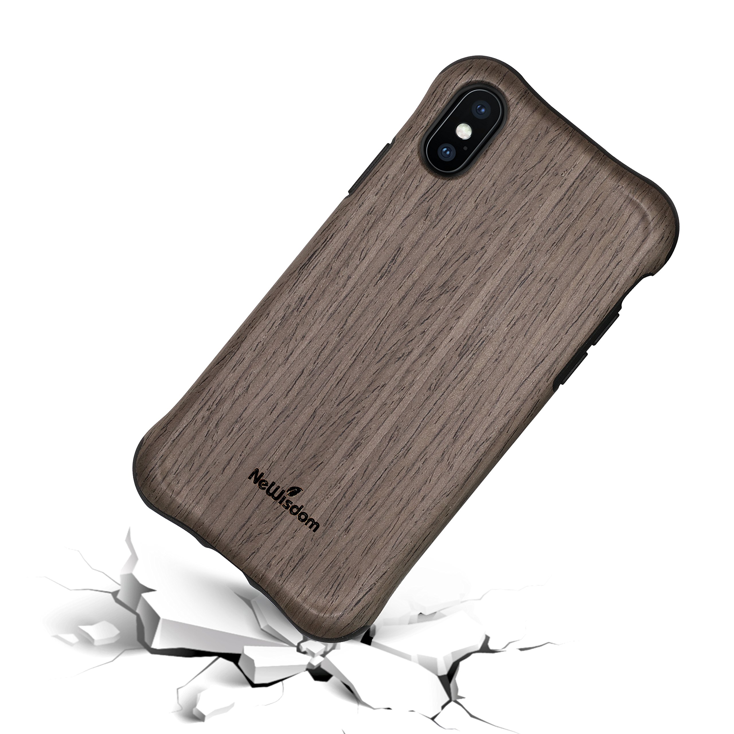 iPhone X Case Wood Shockproof Unique Hybrid Rubberized Cover Wood over Rubber Soft Real Wood Case Cover for Apple iPhoneX - Blackrose