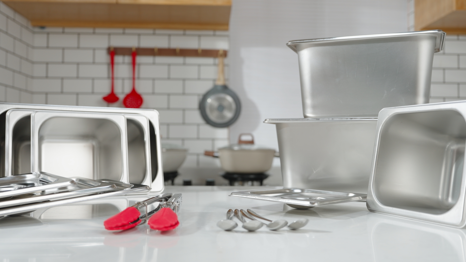Image of 16 Set 1 /6 Stainless Steel Pans with 16 Lids, 2Tongs, 4Spoons, 4 Inch Deep