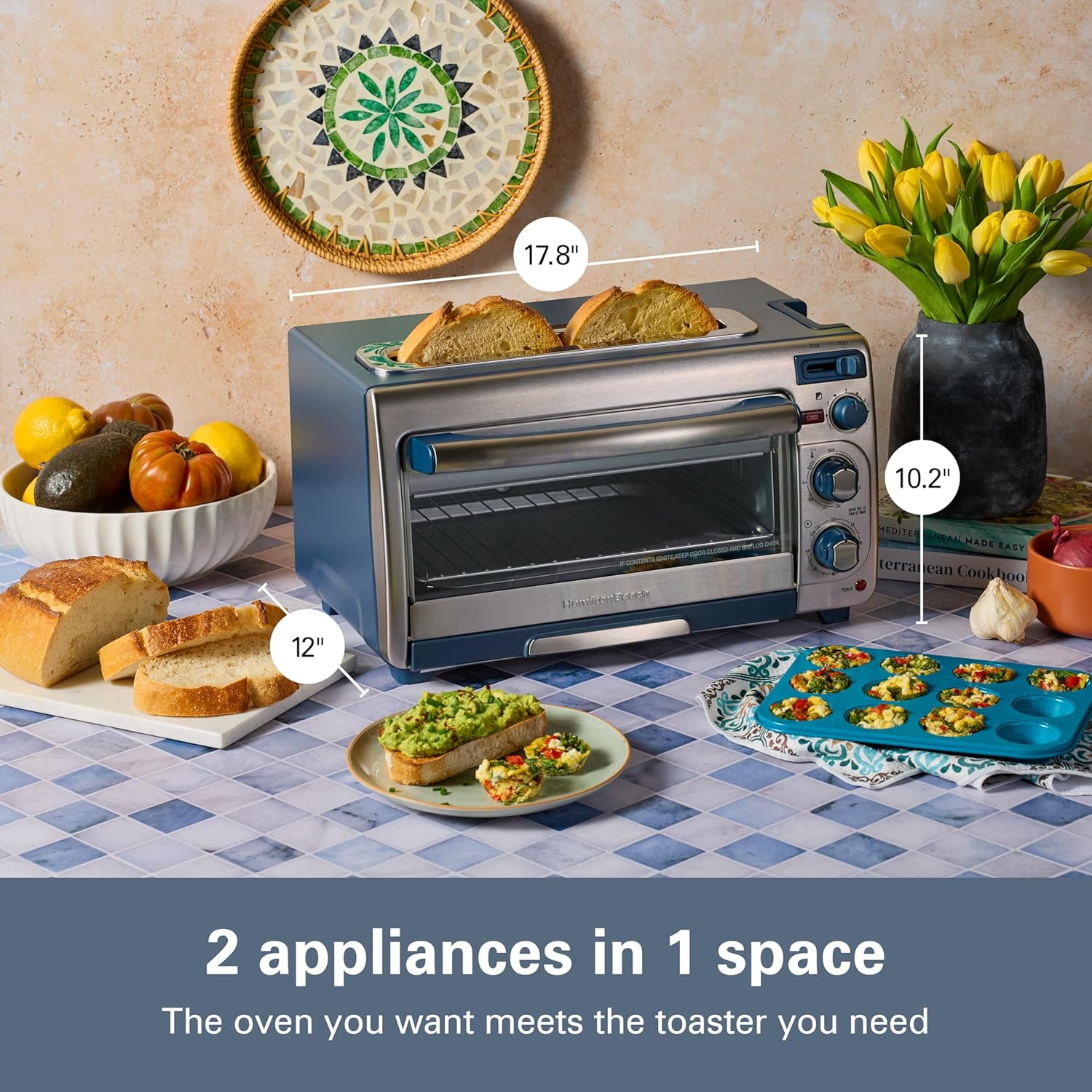 Hamilton Beach 2-in-1 Countertop Toaster Oven and Long Slot 2 Slice Toaster, 60 Minute Timer and Automatic Shut Off, Shade Selector, Blue & Stainless Steel (31158)