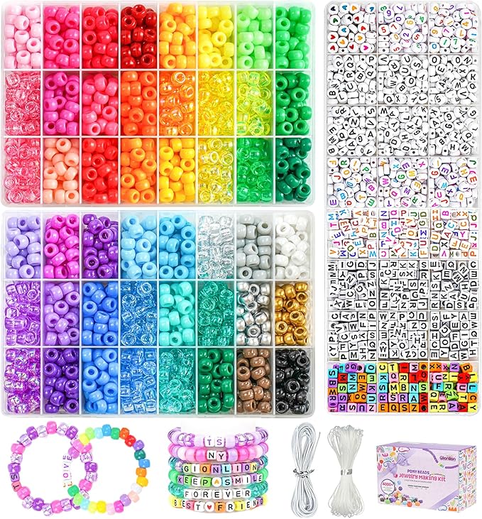 Gionlion 4200Pcs Pony Beads for Bracelet Making Kit, 48 Colors Kandi Beads Bracelet Kit, 2500pcs Rainbow Candy, 1700pcs Friendship Letter Bead with 20 Meter Elastic Strings for Jewelry Making
