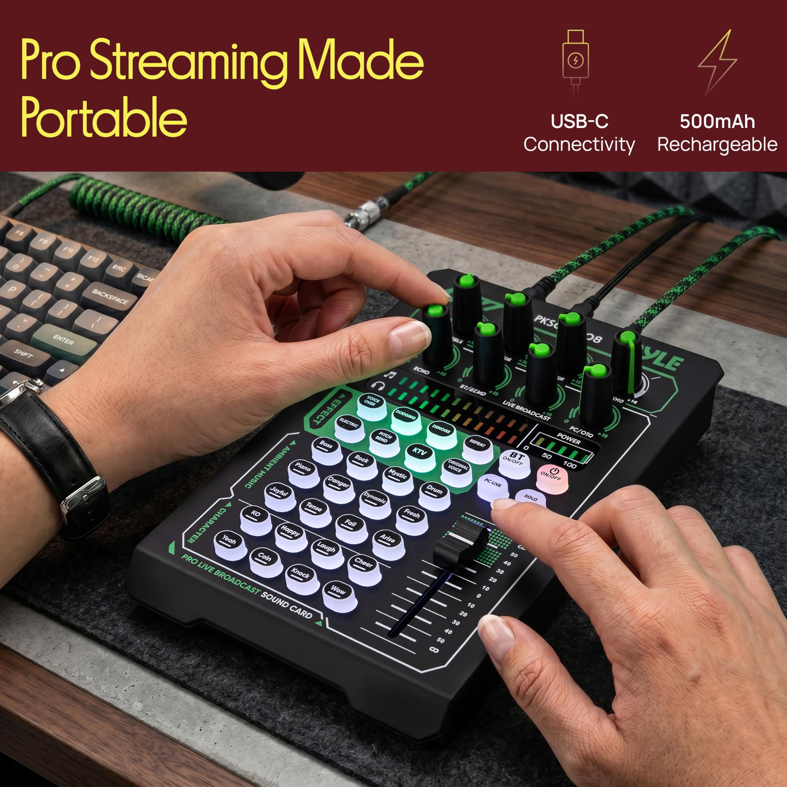 Pyle Tarjeta de sonido portátil Bluetooth para transmisión en vivo, interfaz de audio profesional, condensador mezclador de DJ con juego de micrófono, para transmisión de podcasts, estudio, grabación