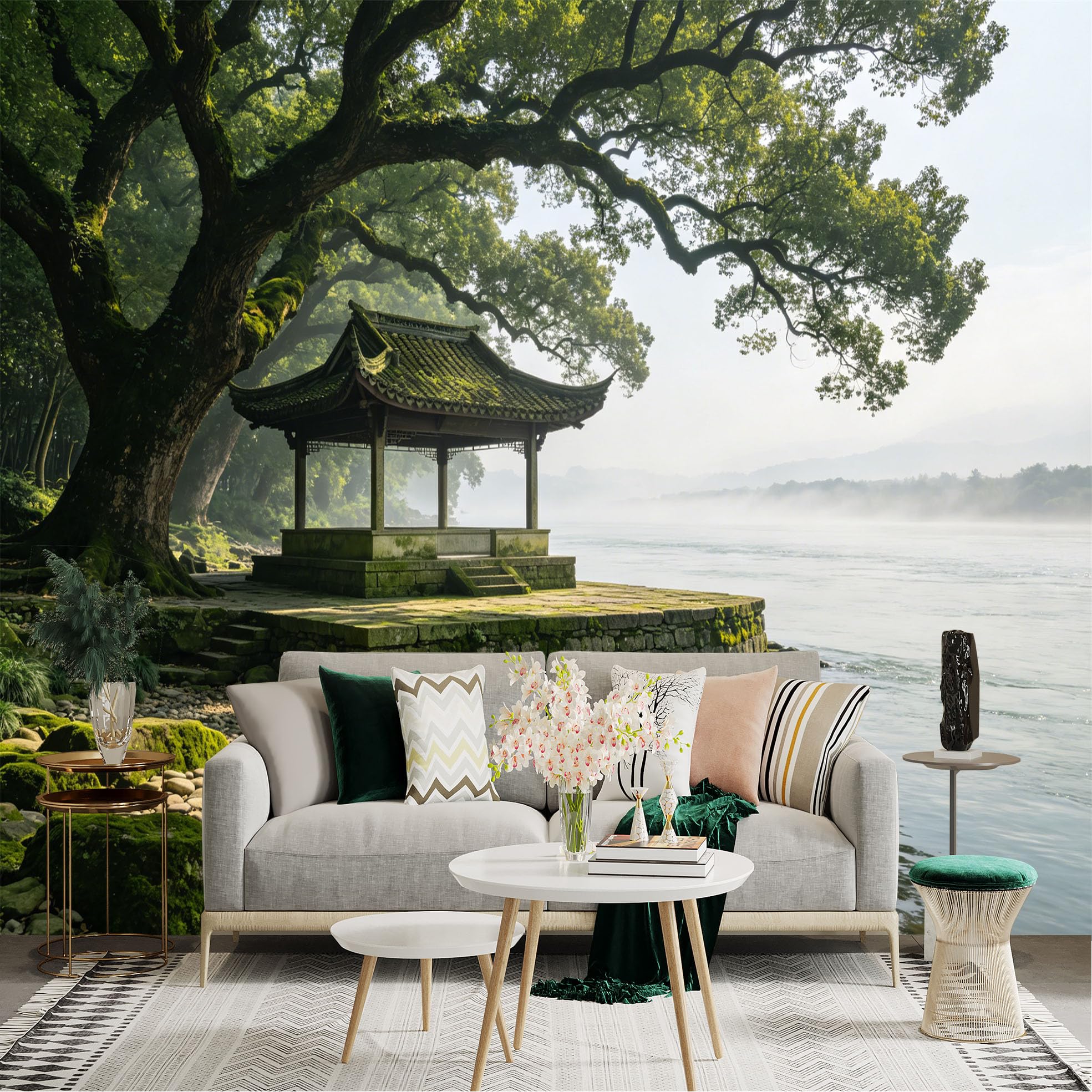 Custom Size Wall Sticker Mural， Tranquil Riverside Pavilion with Ancient Tree and Misty Landscape， for wall Decoration， peelandstick wall Decals.