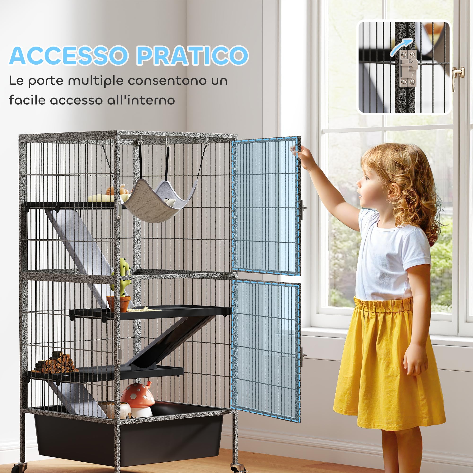 PawHut Gabbia per Piccoli Animali/Furetti 52x52x115 cm Grigio | Piattaforme, Rampe e Amaca, Vassoio Rimovibile, Ruote con Freno, Casetta per Conigli e Furetti a 4 Livelli