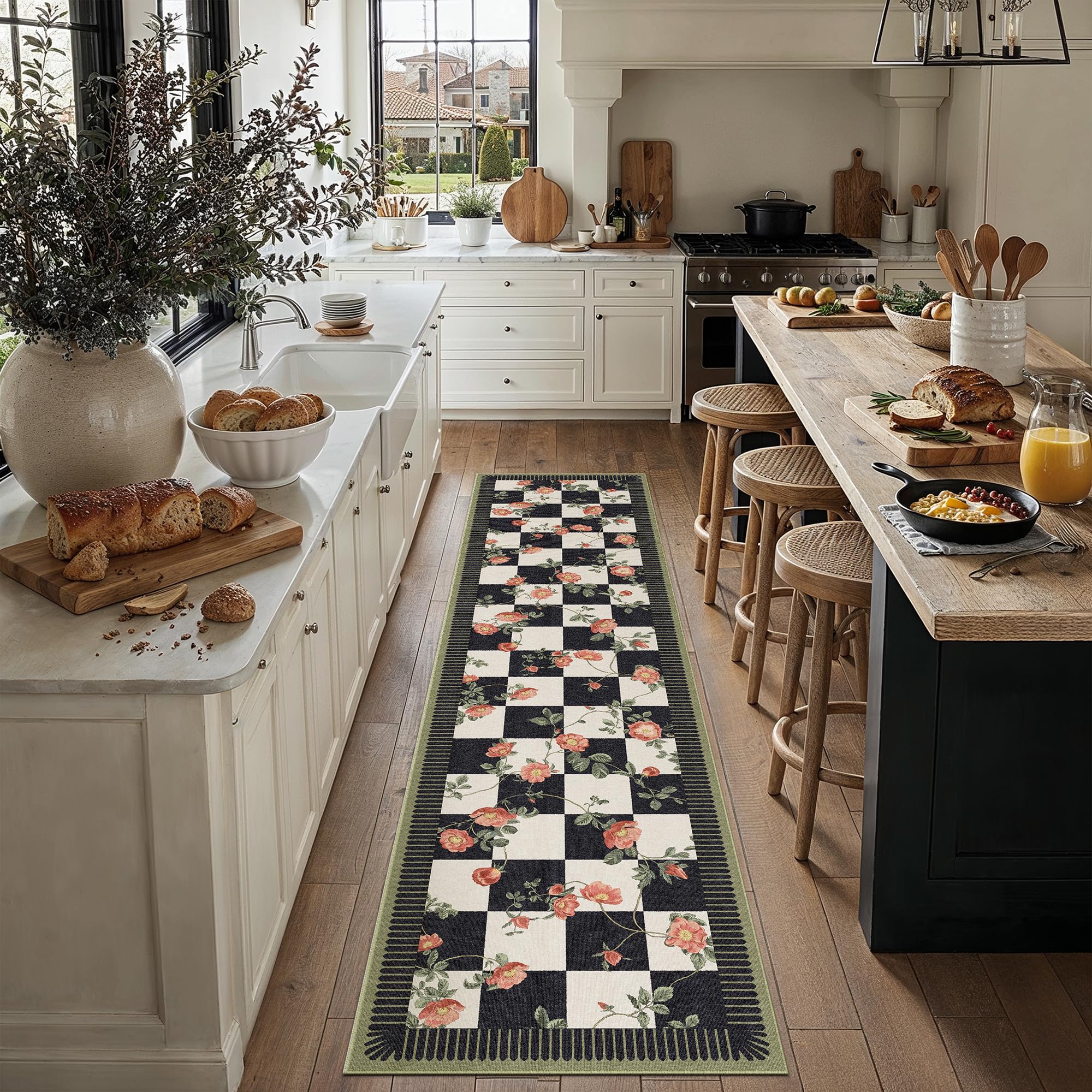 PureCozy LäUfer Flur Teppich 60x240cm Waschbar Blumenmuster Bettvorleger Blumen Kariert Modern Küchenteppich Wohnzimmer Schlafzimmer Teppiche rutschfest Kurzflor Weich Teppichläufer, Schwarz&Weiß
