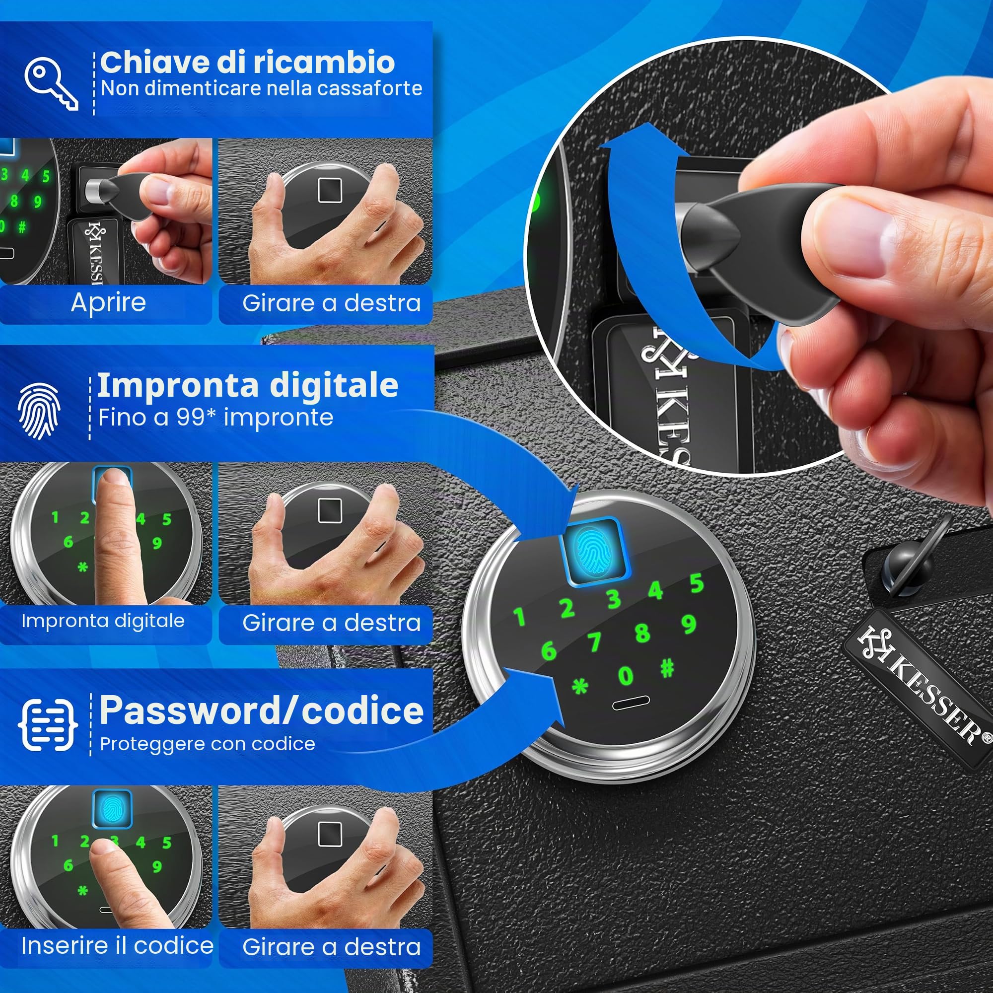 KESSER® Cassaforte elettrica con impronte digitali e chiave L | Batteria di emergenza | elettronica | 3 x chiusura a doppio bullone | da parete | per mobili | Armadio