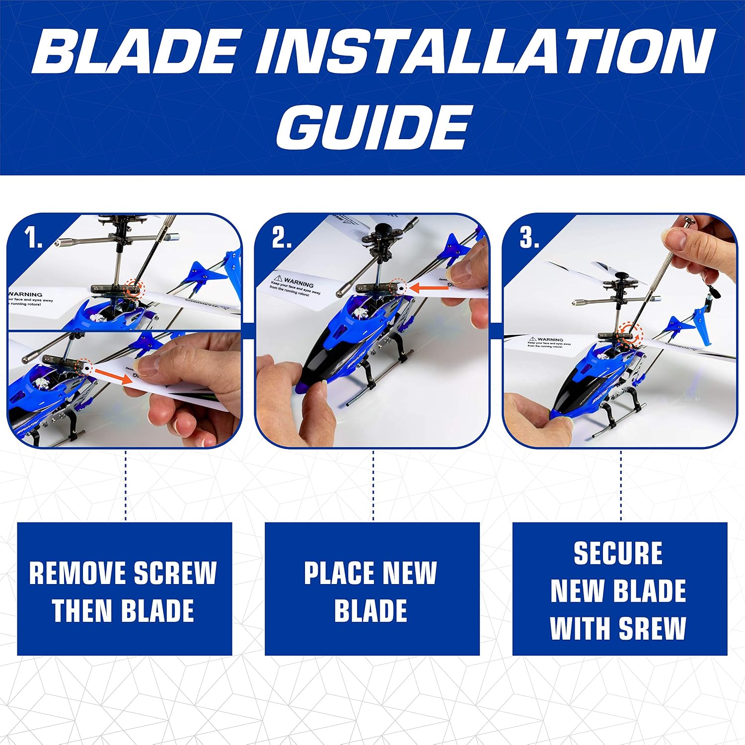 Three-step guide for replacing helicopter blades: remove screw, place new blade, secure with screw
