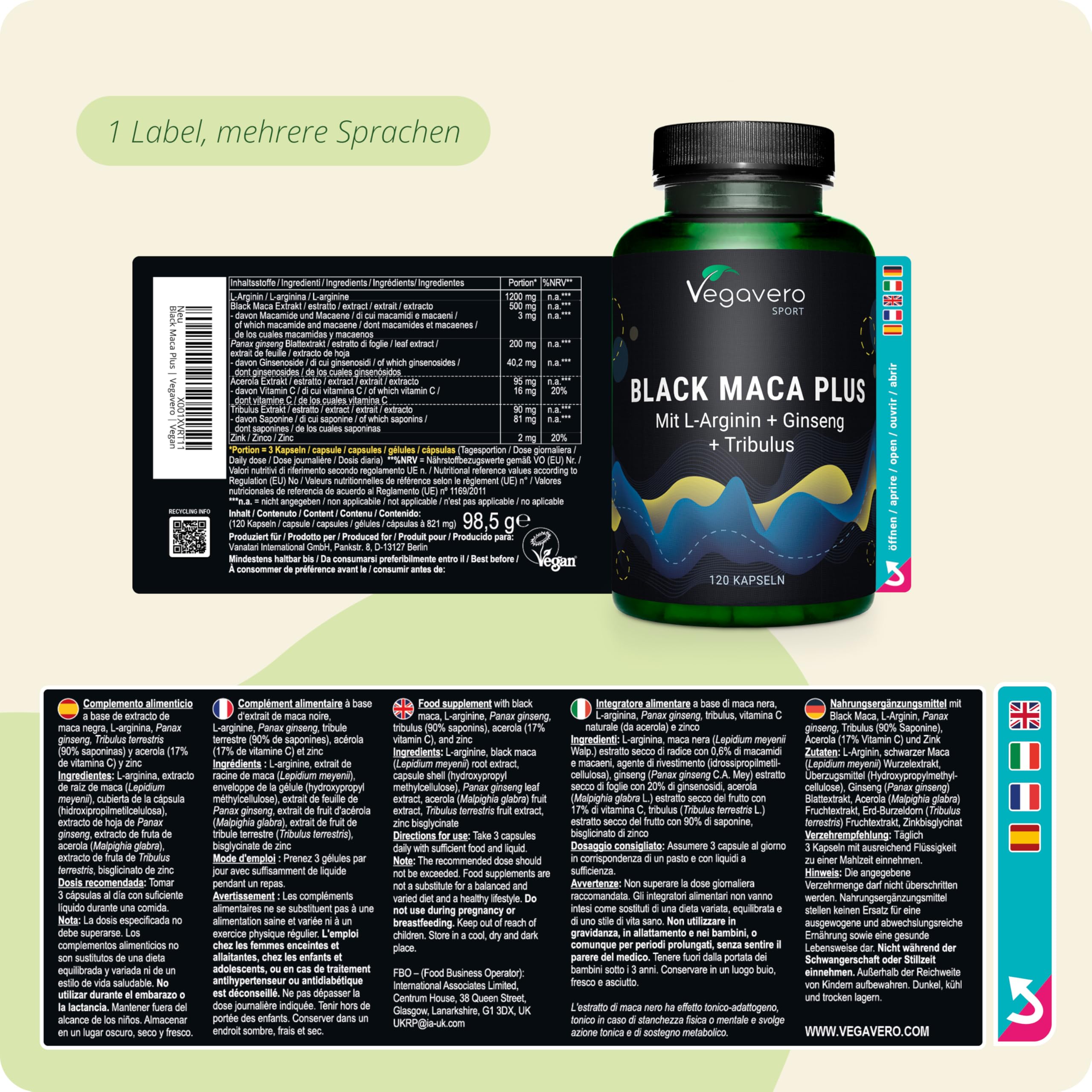 Black Maca 5000 mg + L-Arginin | Tribulus, Ginseng, Zink | hochdosiert: 10:1 Extrakt | Vegan & Ohne Zusätze | 120 Kapseln | Deutsche Produktion von Vegavero