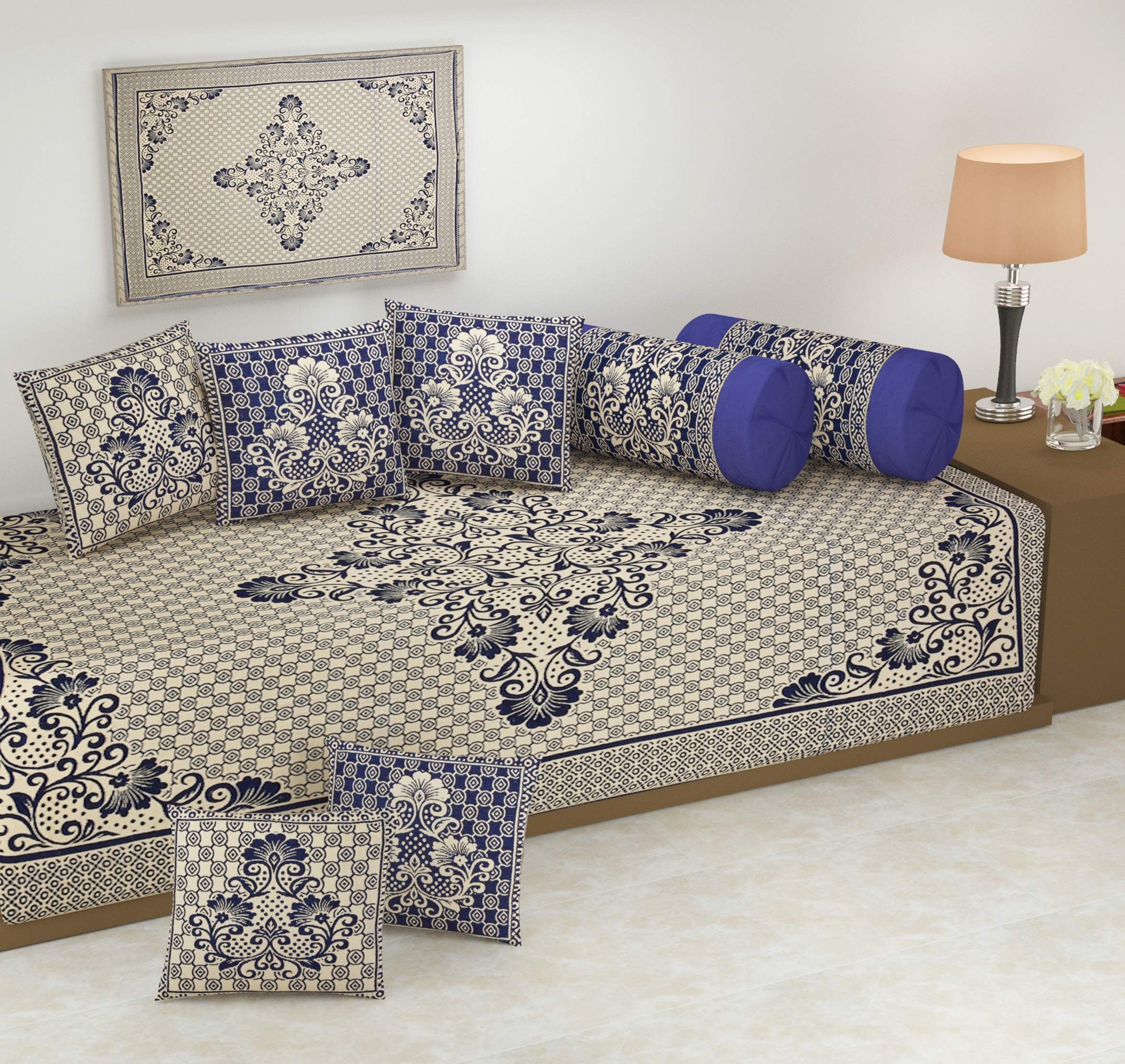 FRESH FROM LOOMDiwan Set Cover Velvet Chenille 500 TC Reversible Diwan Set (Blue) 8 Pieces