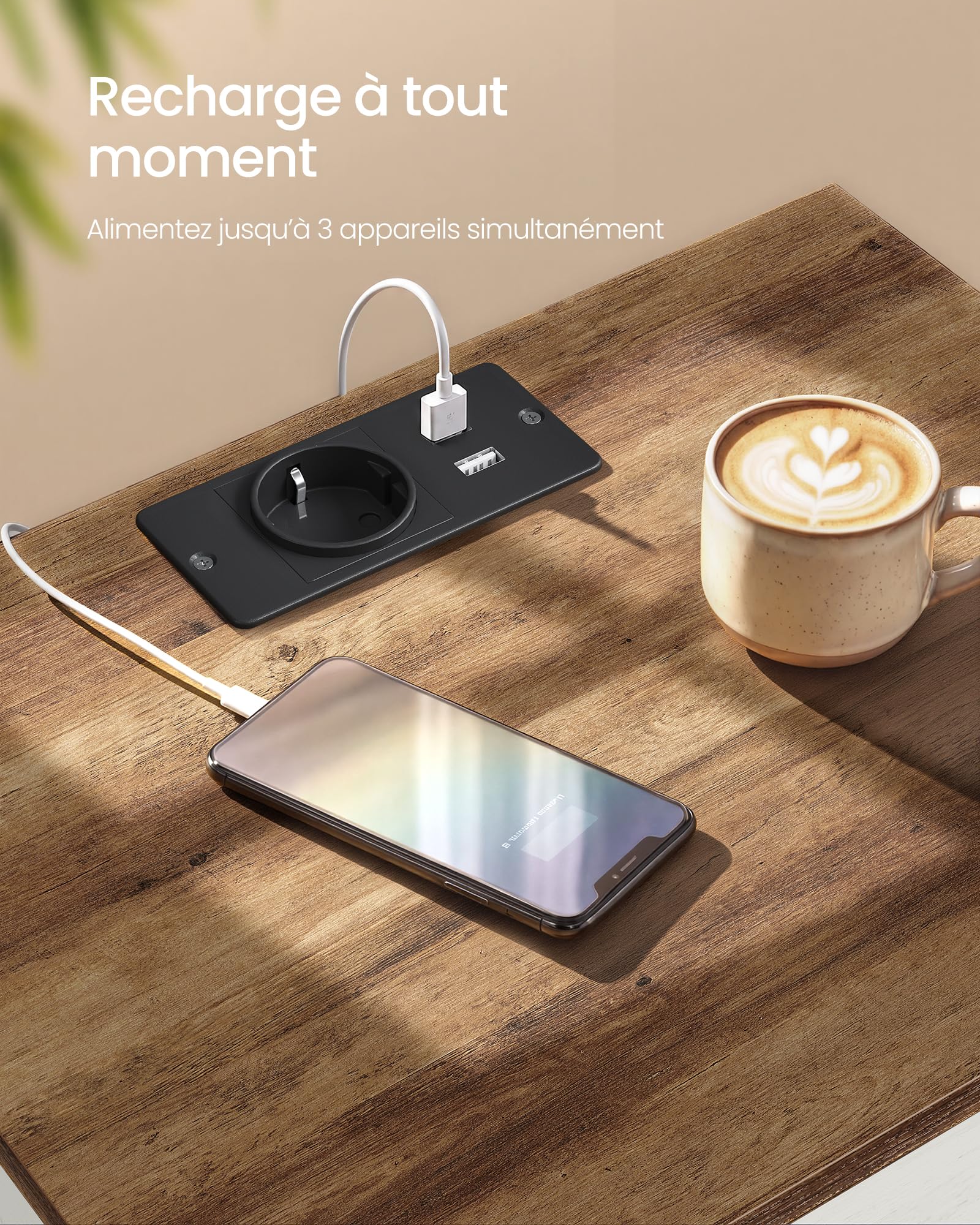VASAGLE Table de Chevet en Bois avec Station de Charge, Table de Nuit avec Ports USB et 1 Tiroir, 40 x 30 x 59 cm, Blanc Nuage et Brun Chaud, Style Champêtre, Collection Siren LET628WJ01