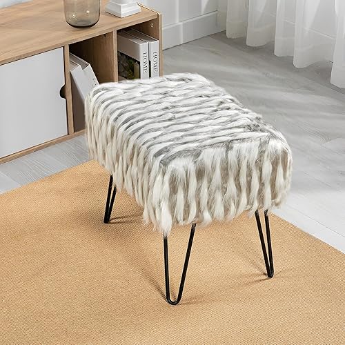 Miniatura 3 de Banco otomano de piel sintética gris y blanco, 19.5 x 12.5 x 17 pulgadas de alto, cómodos taburetes de maquillaje esponjosos con patas de metal,