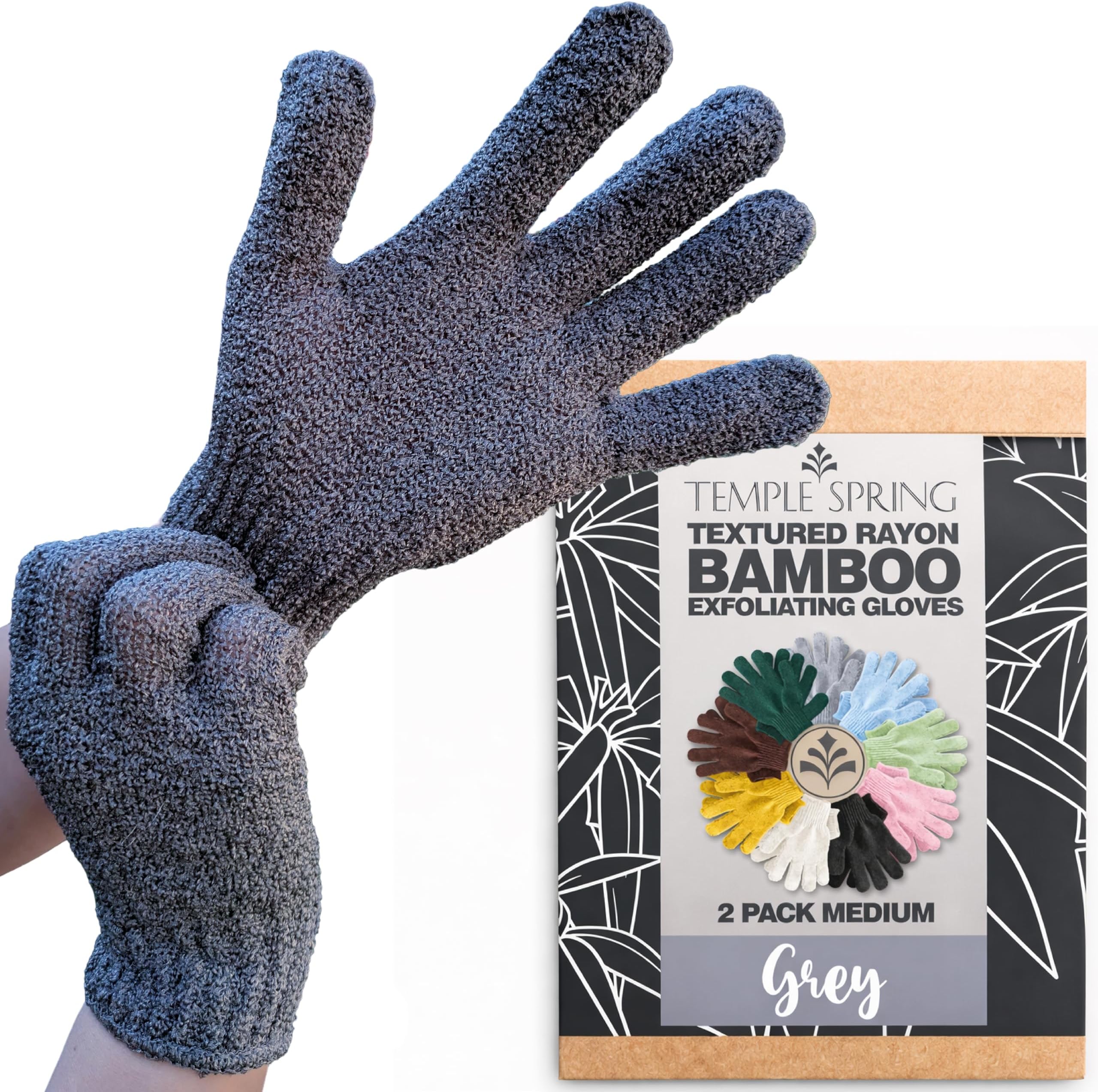 Temple Spring Exfoliating Gloves - Bamboo Shower Bath And Body Exfoliator Mitts Scrubs Away Ingrown Hair Dead Skin Natural Eco Microfibre Grey