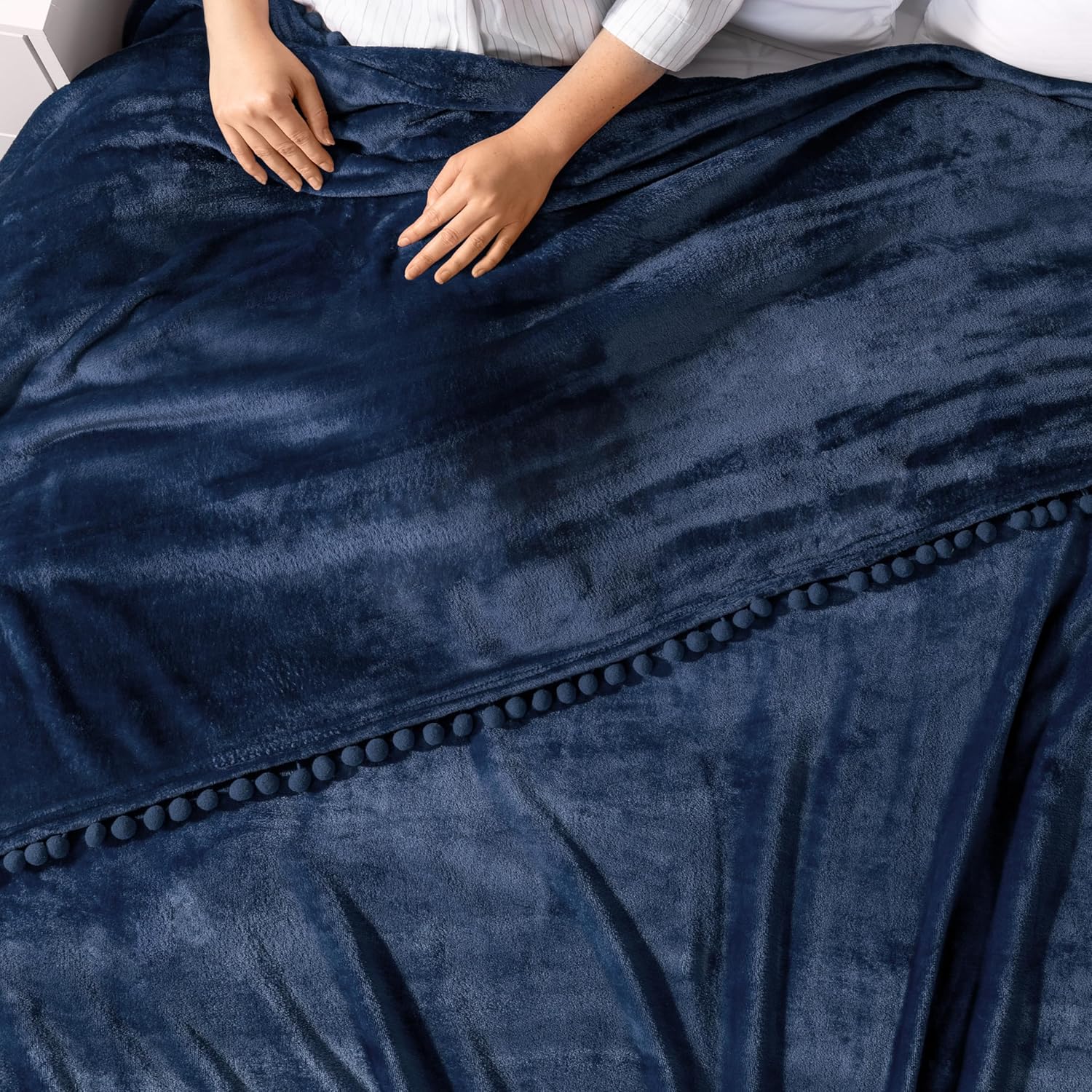PAVILIA Fleece Throw Blanket for Couch with Pom Pom Fringe, Navy Blue, Soft Cozy Fuzzy Flannel Blanket for Sofa Bed, Lightweight Plush All Season Throw, 50x60 Inches - Image 6