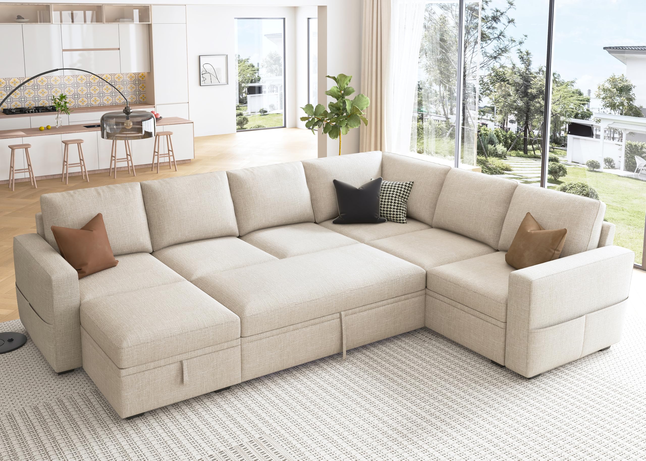 Photo 1 of [Missing Several Pieces, Parts Only really] HONBAY Modular Sectional Sleeper Sofa with Pull Out Bed, U Shaped Sectional Couch with Storage Ottoman, Sleeper Sectional Couches for Living Room, Beige THREE BOXES IN THE SET OVERSIZE ITEM NEED LARGE TRUCK AND 