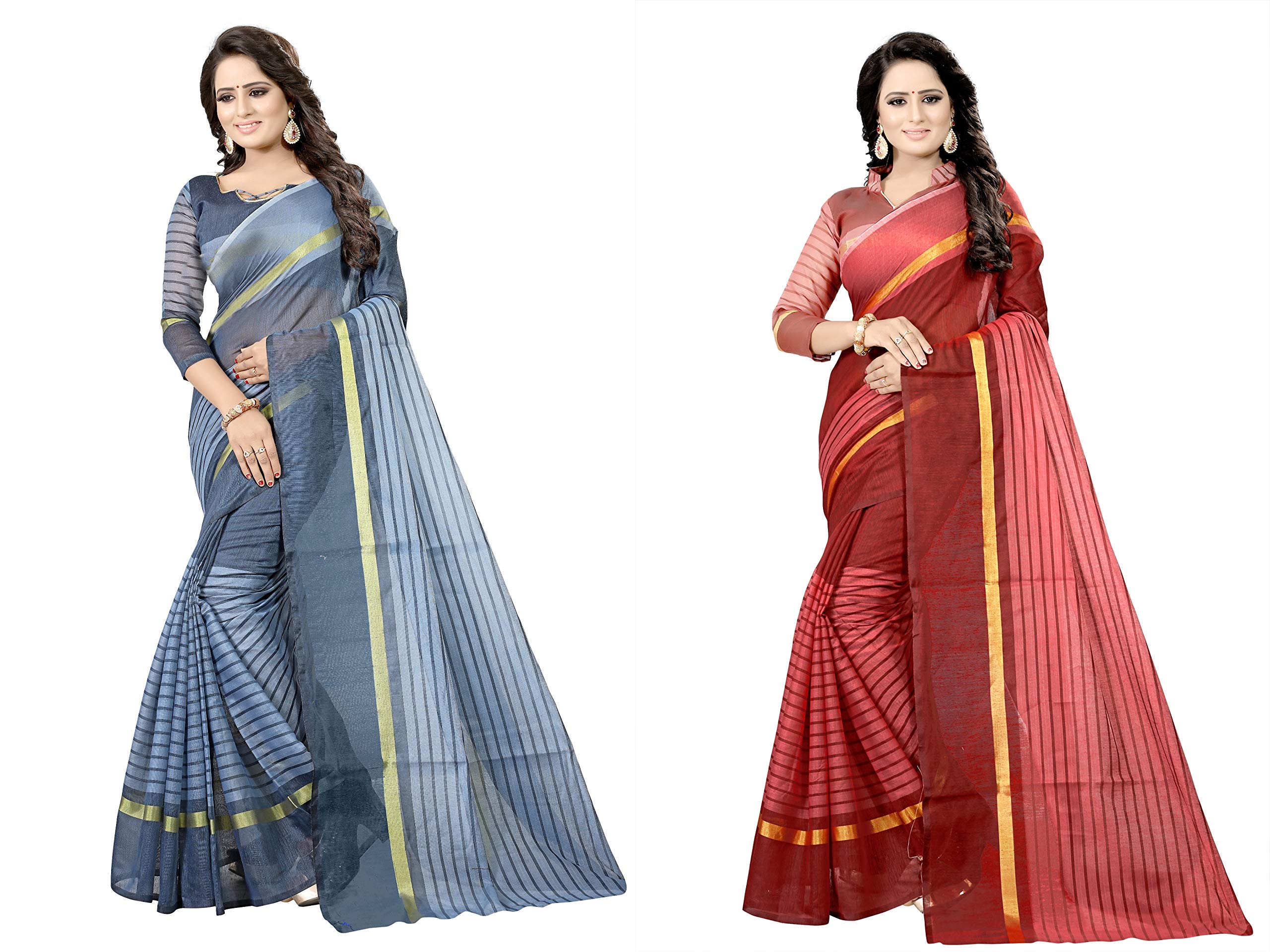 FlorencePure Cotton Ready to wear Saree (Pack of 2) (VK-FL-IF Grey and Rustom Maroon One Size)
