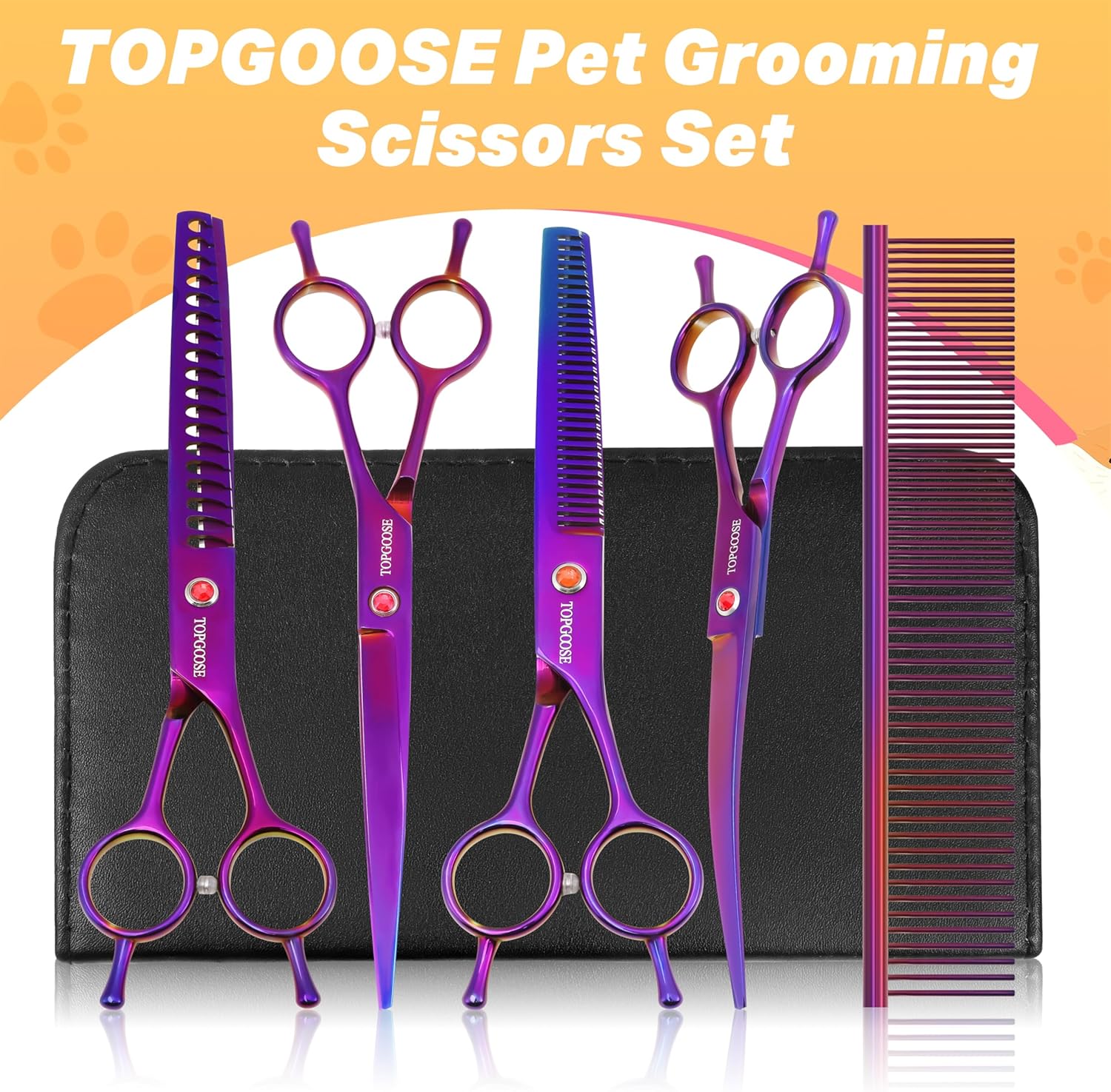 TOPGOOSE Dog Grooming Scissors Kit, Professional 6 in 1 Pet Scissors Sharp Shears Set - Straight, Thinning, Chunker, Curved Shears and Comb for Long Short Hair for Dog Cat (Set, Purple)