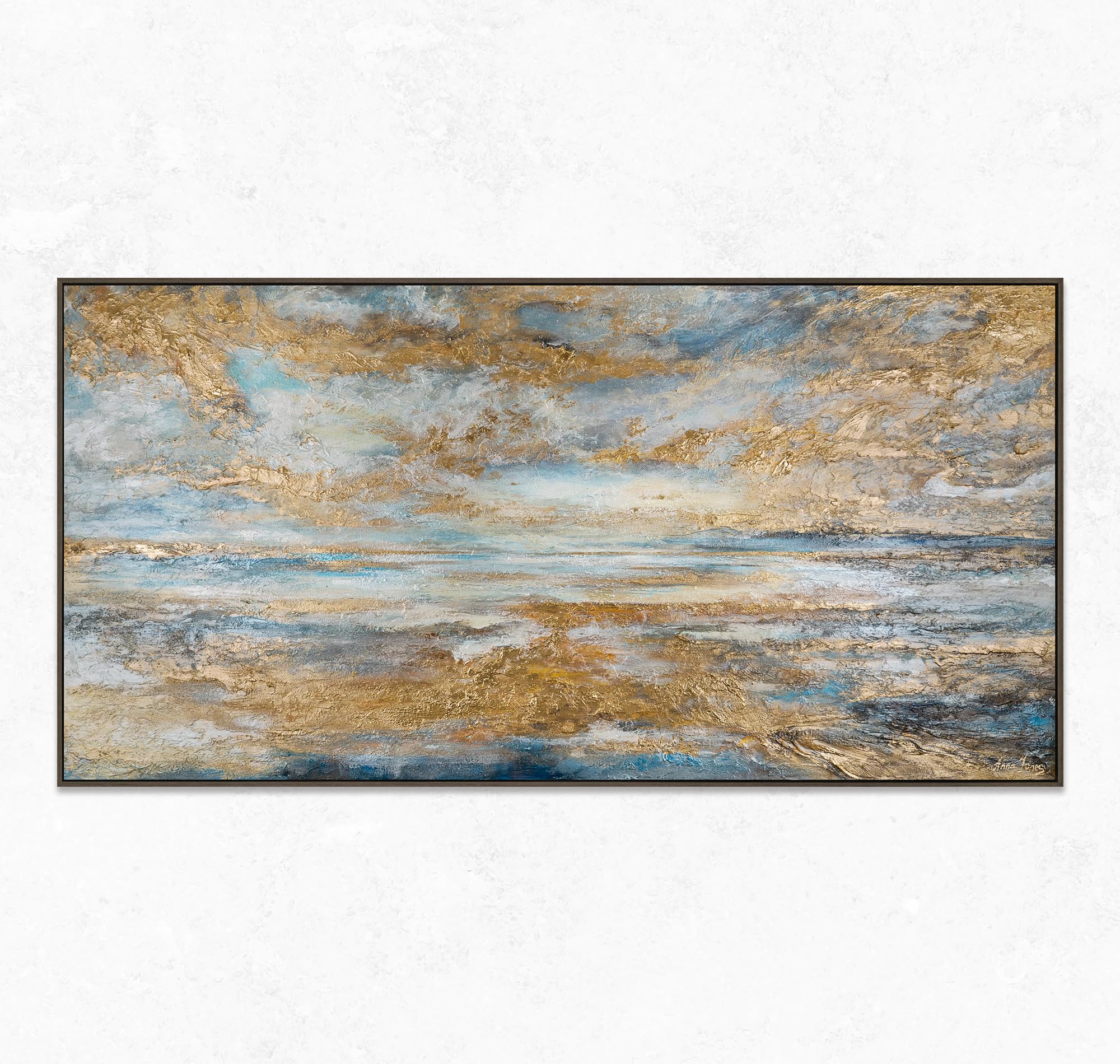 YS-Art Tableau fait à la main dans un cadre Baie d'or Paysage marin aube sur l'océan tons bleus et or Peinture abstraite Décoration 120x60 cm