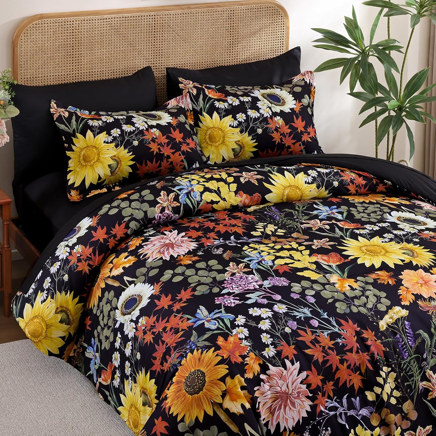 Yiran Bed in a Bag King Black Yellow Comforter Set 7 Pieces Soft Microfiber Sunflower Floral Bedding Set with 1 Comforter 1 Flat Sheet 1 Fitted Sheet 2 Pillowshams 2 Pillowcases