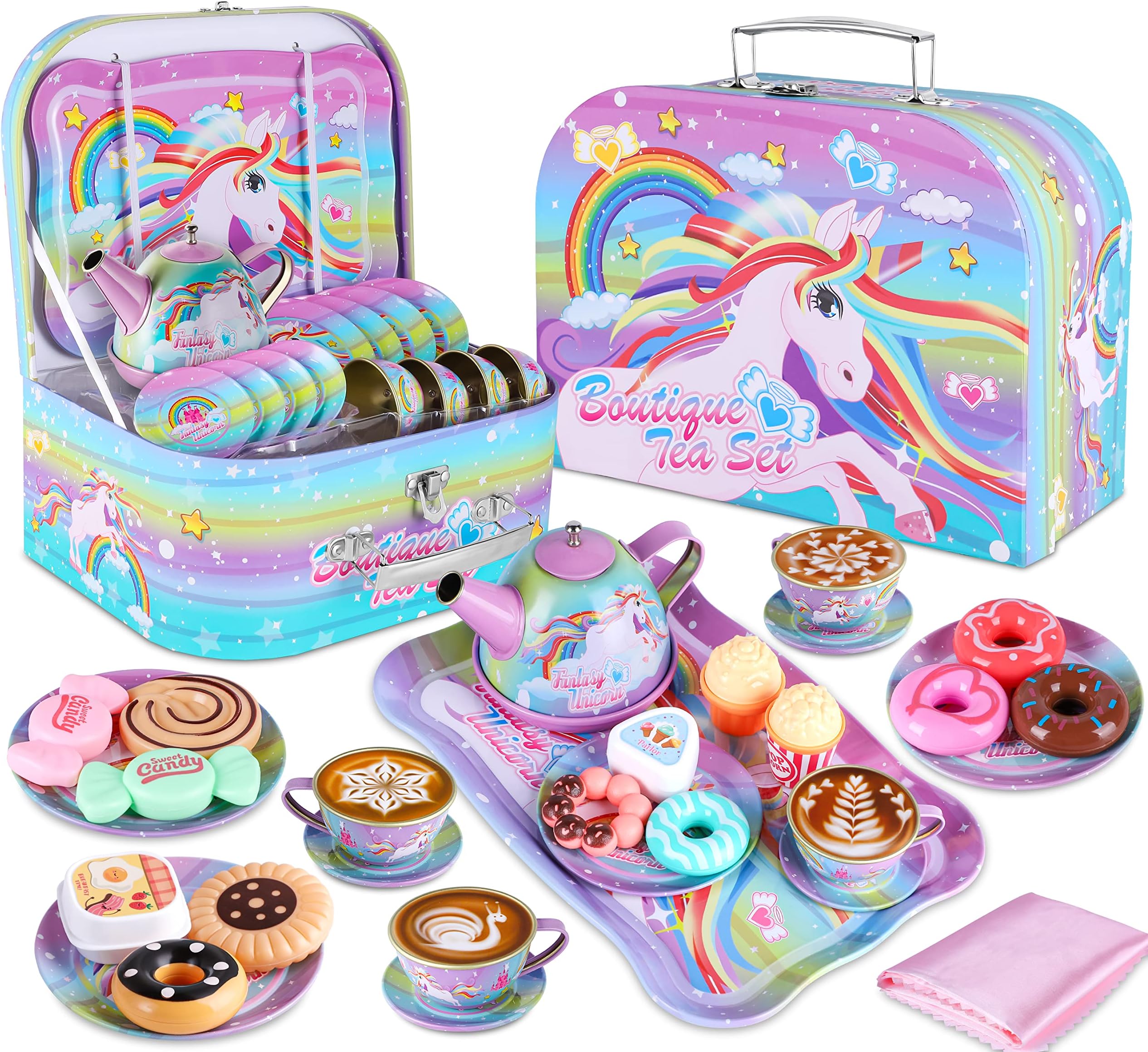 Jugana Unicorn Tea Set for Little Girls, Princess Tea Party Play Toy, Including Teapot, Cups, Small Plates, Big Plate & Carrying Case, Fun Kitchen Pretend Play for Girls, Kids Toys Gifts