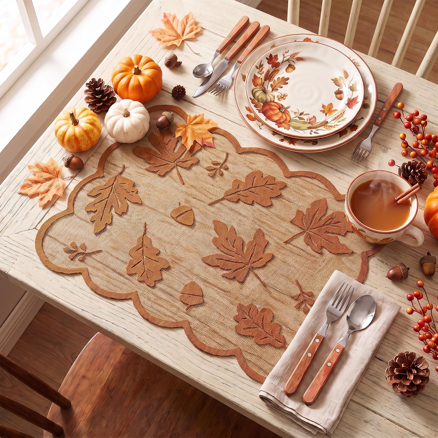 Artoid Mode Rust Maple Leaves Lace Fall Placemats Set of 4, 11x17 Inch Table Mats for Thanksgiving Party Dining Table Decoration