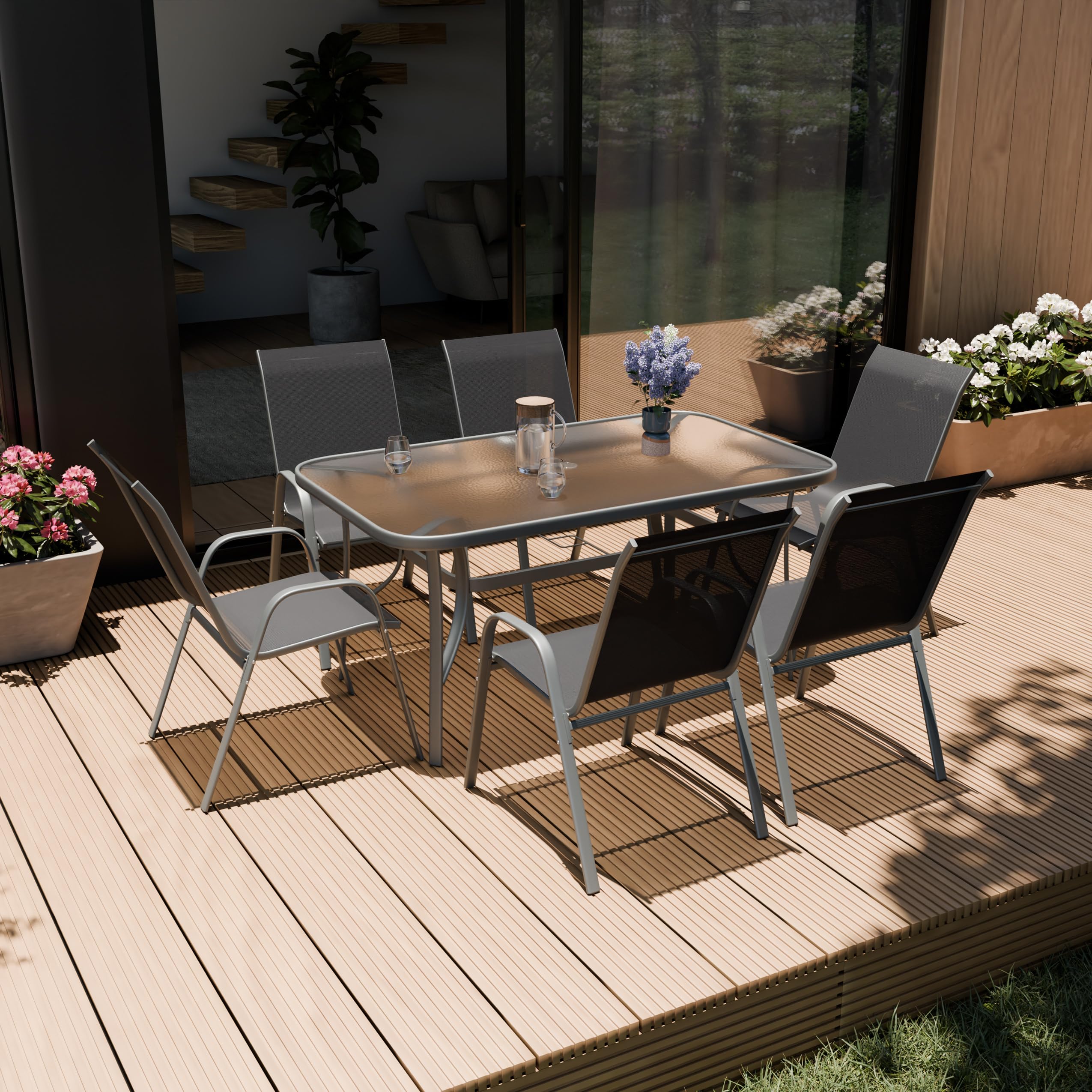 ZENJOY, Kindly, Gartenmöbel Set mit 6 Stühlen, Gartenmöbel Set, 150x90cm Glastisch mit Loch für einen Regenschirm, Stapelbare Textilene-Stühle, Wetterfest, UV-beständig, Grau