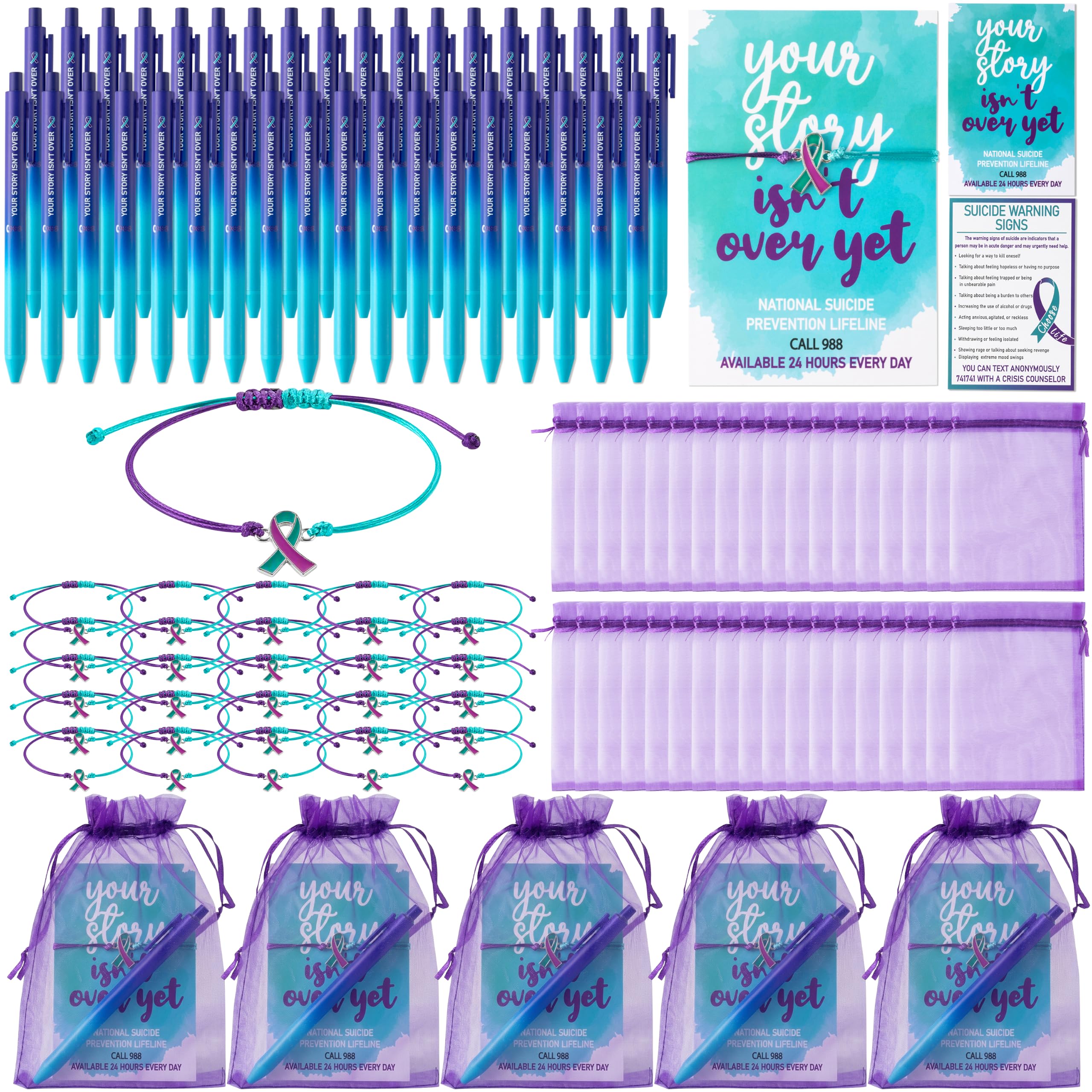 BZaber 36 Sets Suicide Prevention Awareness Accessories Gifts for Women Men | Mental Health Party Favors, Inspirational Pens & Cards, Teal Purple Ribbon Wristband Bracelets, Organza Bags, Charity Events