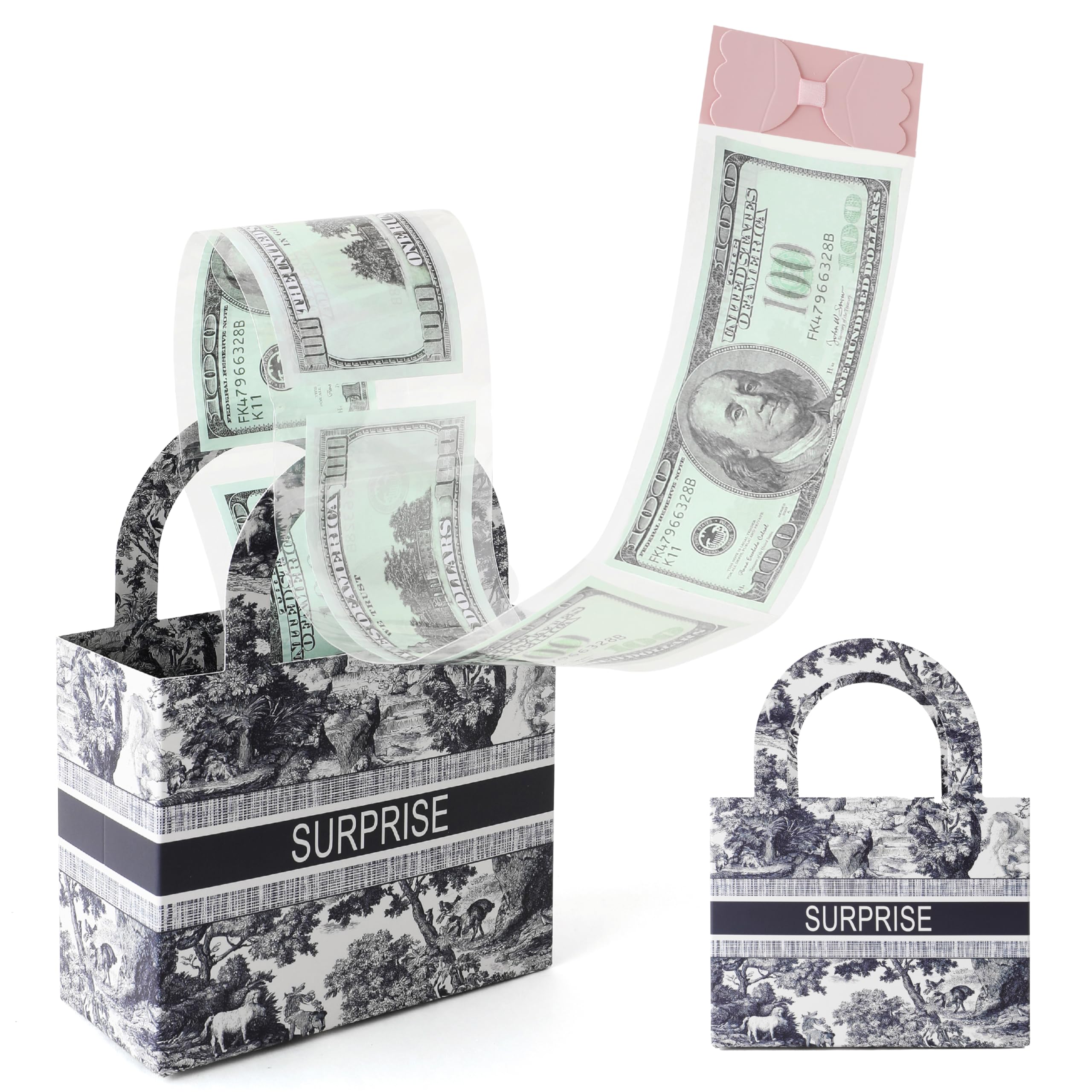 Photo 1 of Vane Oak Money Pull Box for Cash, Surprise Money Boxes Retro Jacquard Mini Gift Bag with 30 Pcs Transparent Bags for Birthday Party Christmas (Blue)