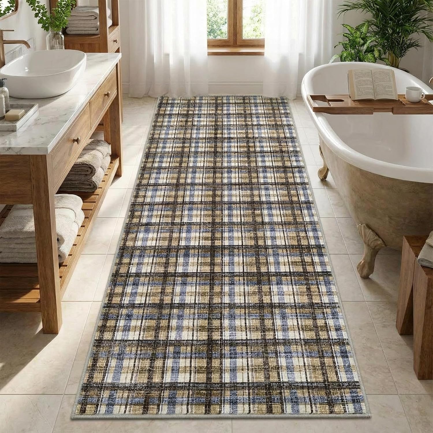 GarveeHome Washable Runner Rug 2x6 Runner Non Slip Kitchen Rugs Modern Plaid Entryway Rug Farmhouse Soft Bathroom Rugs Stain Resistant Carpet for Hallway Laundry Bedroom 2'x6' Blue/Camel