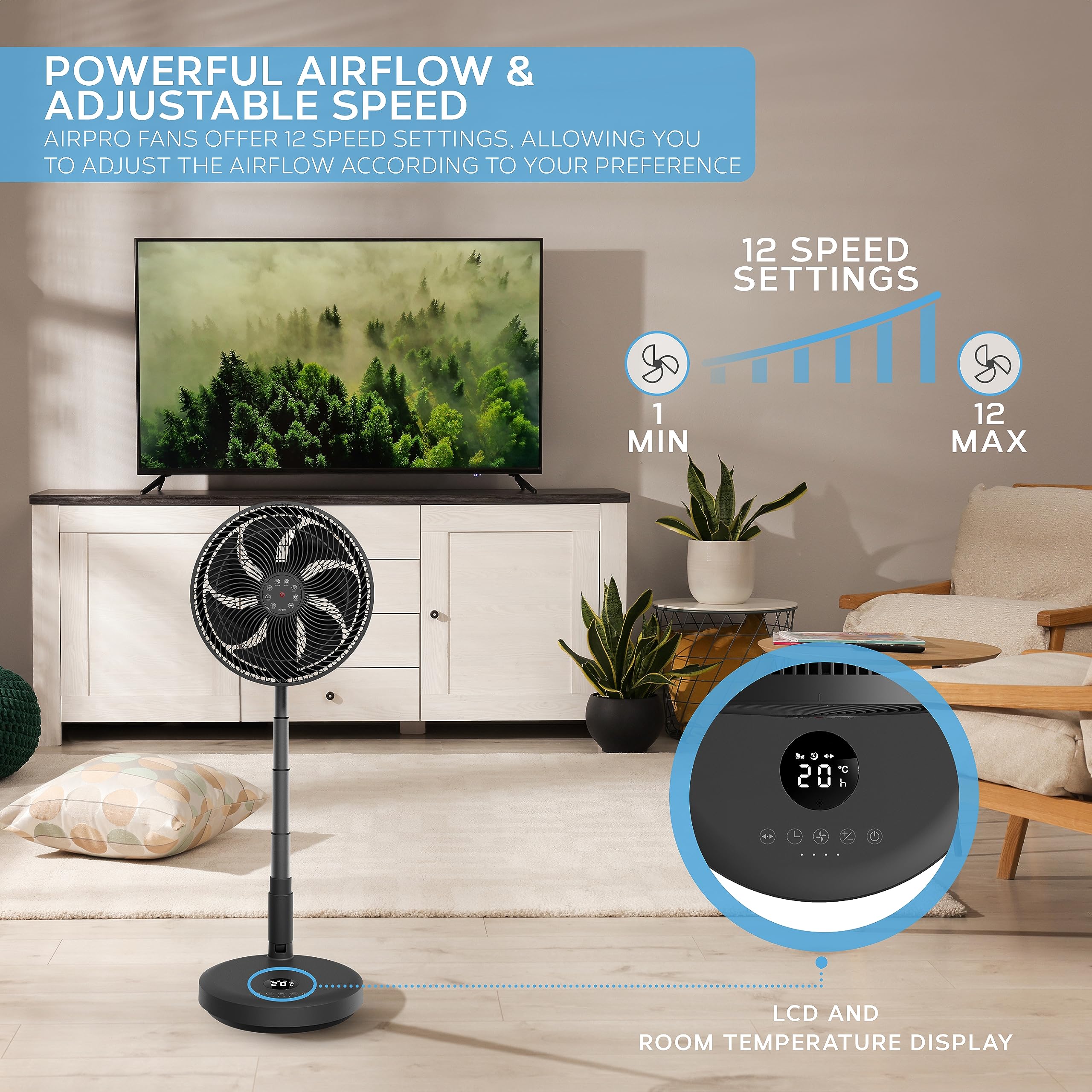 Air Pro 16" Pedestal Fan Oscillating Fan 50W Ultra Quiet Air Cooling & Circulator 50” Tall Adjustable Height Cooling Fan 3 Speeds 70° Oscillation Variable Tilt Suitable for Office Home Bedroom