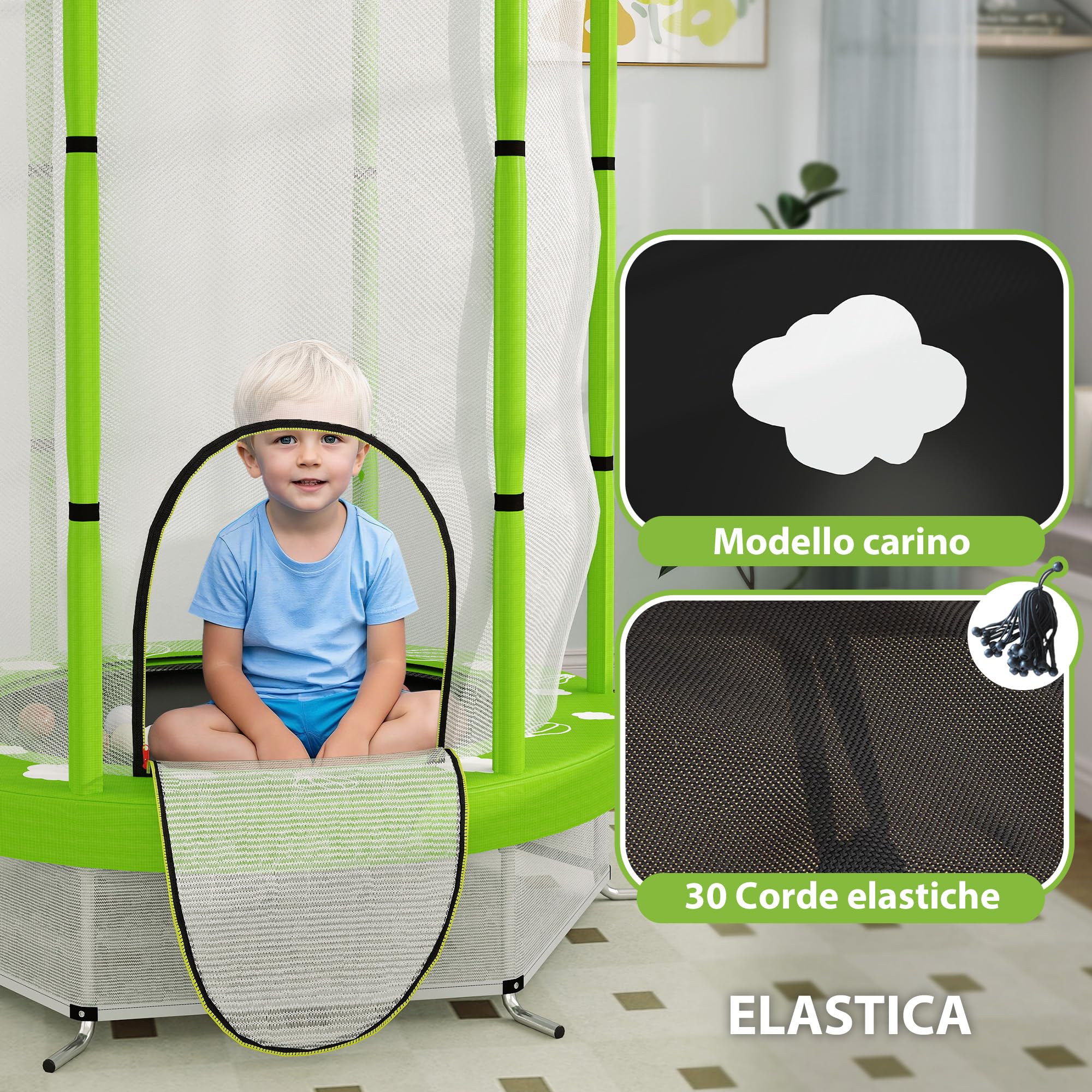 AIYAPLAY Trampolino Elastico per Bambini Ø140 cm con Rete di Sicurezza, Tappeto Elastico per Bimbi da 3-6 Anni con Disegni, per Interno ed Esterno, Verde
