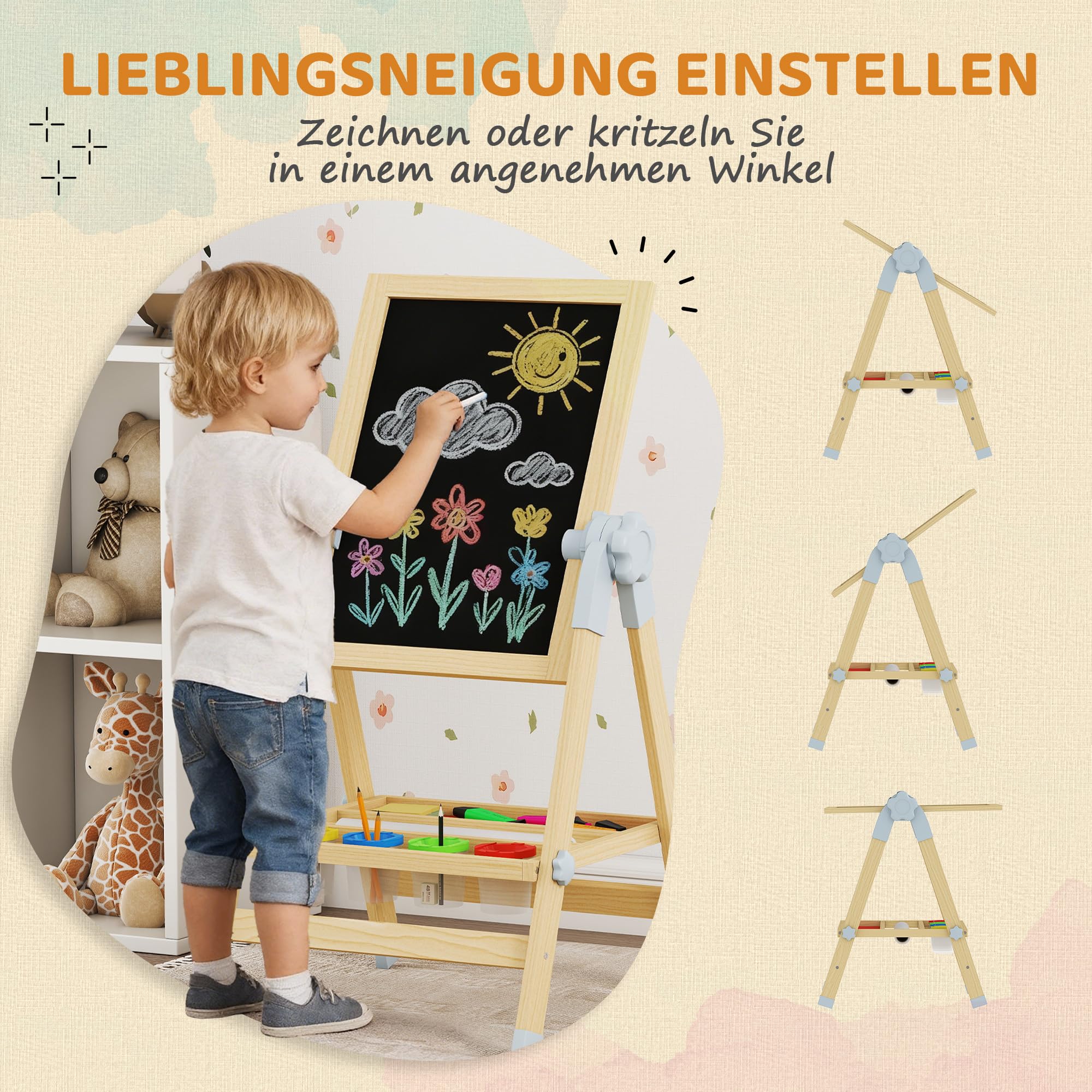 AIYAPLAY Kinder Staffelei aus Holz, Kindertafel Doppelseitige Whiteboard und Tafel Höhenverstellbar Magnetische Standtafel mit Papierrolle, Ablage, für Kinder Jungen & Mädchen 3-6 Jahre