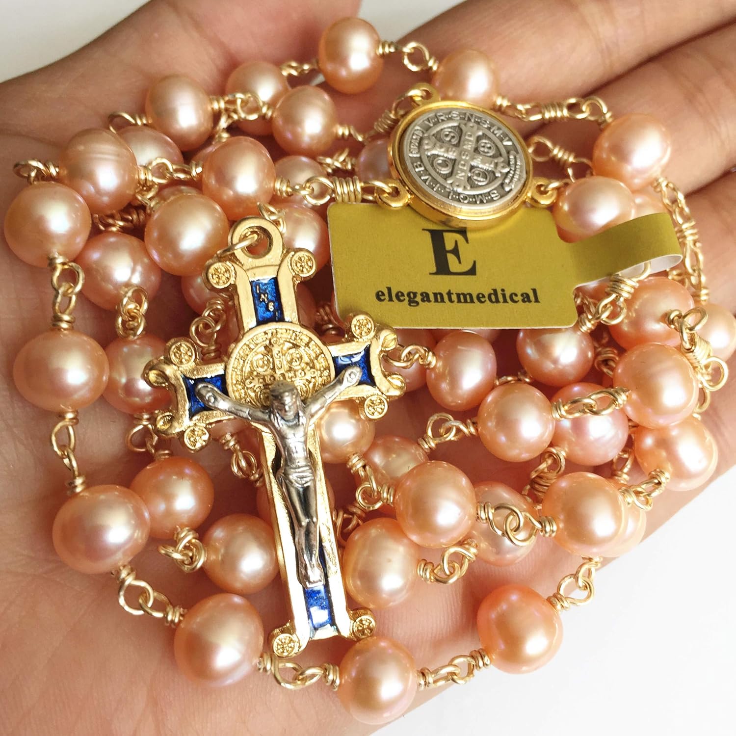 elegantmedical Pink 8mm Real Pearl BEADS St. Benedict ROSARY CROSS Necklace & box Catholic GIFTS