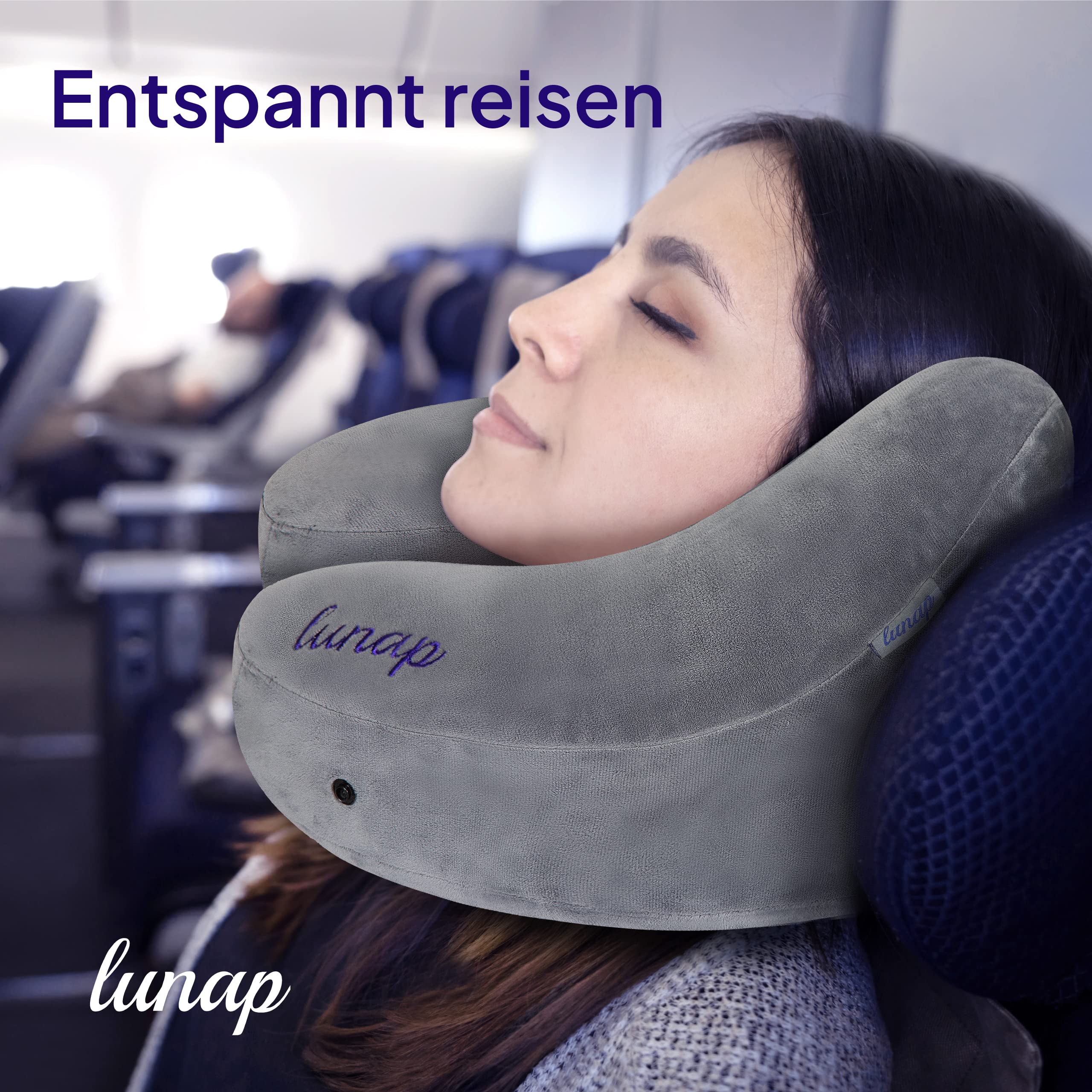 lunap Nackenkissen Flugzeug aufblasbar GRÖßE L Nackenkissen Aufblasbar mit Kapuze | Nackenhörnchen Erwachsene Grau | Reisekissen zum aufblasen | Neck Pillow | Reisekissen Flugzeug Kissen