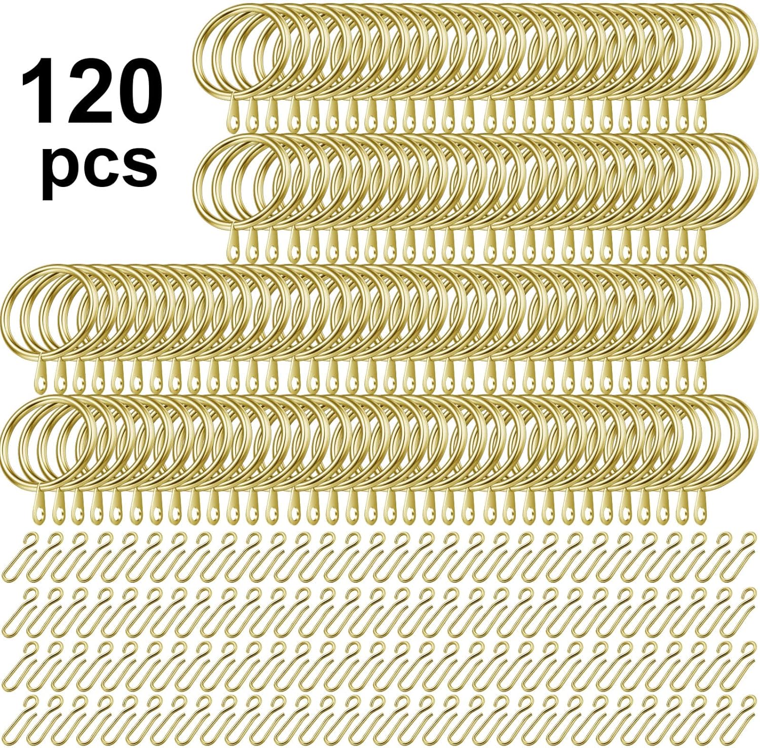 Amyhill 60 Pieces 1.26 Inch Metal Drapery Curtain Rings Hanging Rings with 60 Pieces Metal Curtain Pin Hooks for Drapes Window Door Shower(32 mm,Gold)