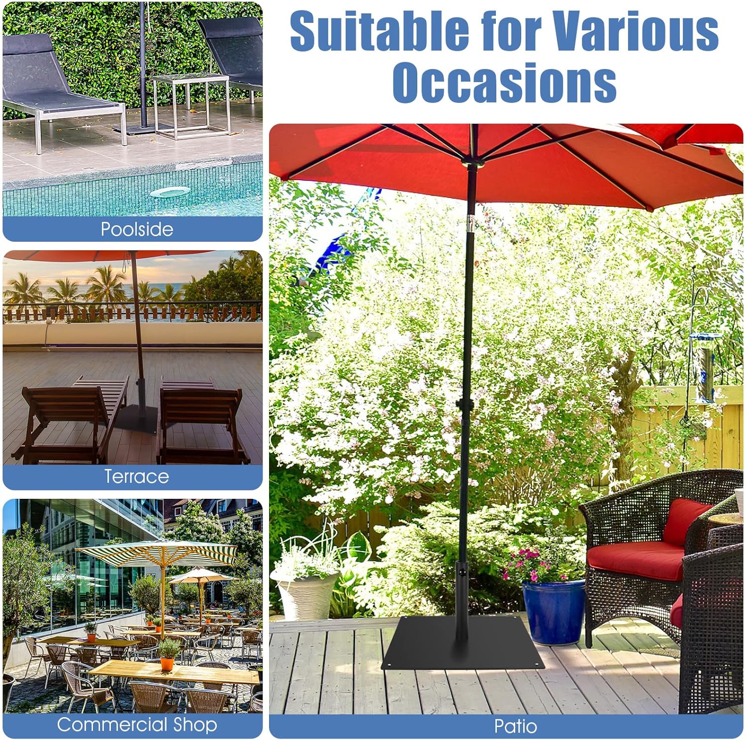 HAPPYGRILL 20” Patio Umbrella Base, 35 LBS Square Outdoor Market Umbrella Base Stand with 4 Adjustable Footpads, 1.6”/1.9” Adapters, Tightening Knob, Quick Setup, Weather-proof Umbrella Holder