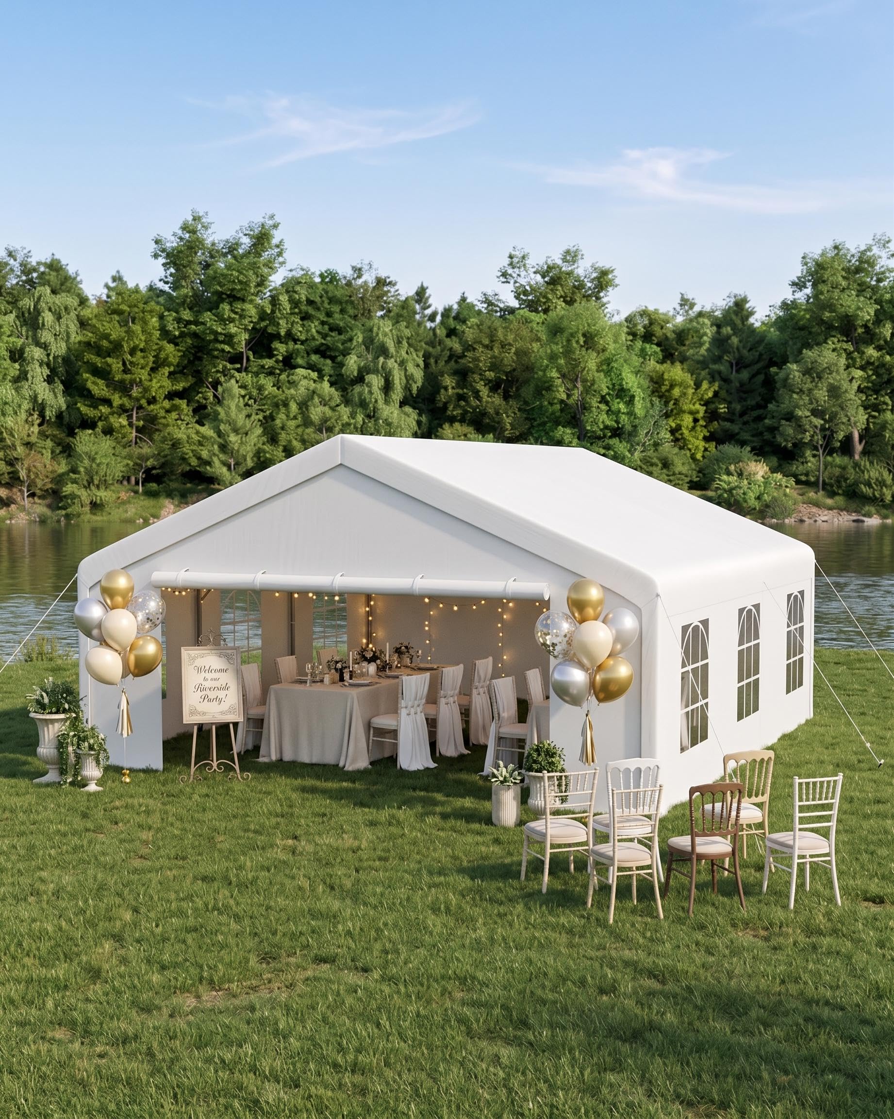 Photo 1 of ** partial set, framing poles only ** 20x20 ft Heavy Duty Party Tent, Upgraded Galvanized Steel Frame Outdoor Canopy, with Mesh Screen & PE Roll-Up Double Doors, Removable Sidewalls and Windows, Wedding Event Commercial Carport