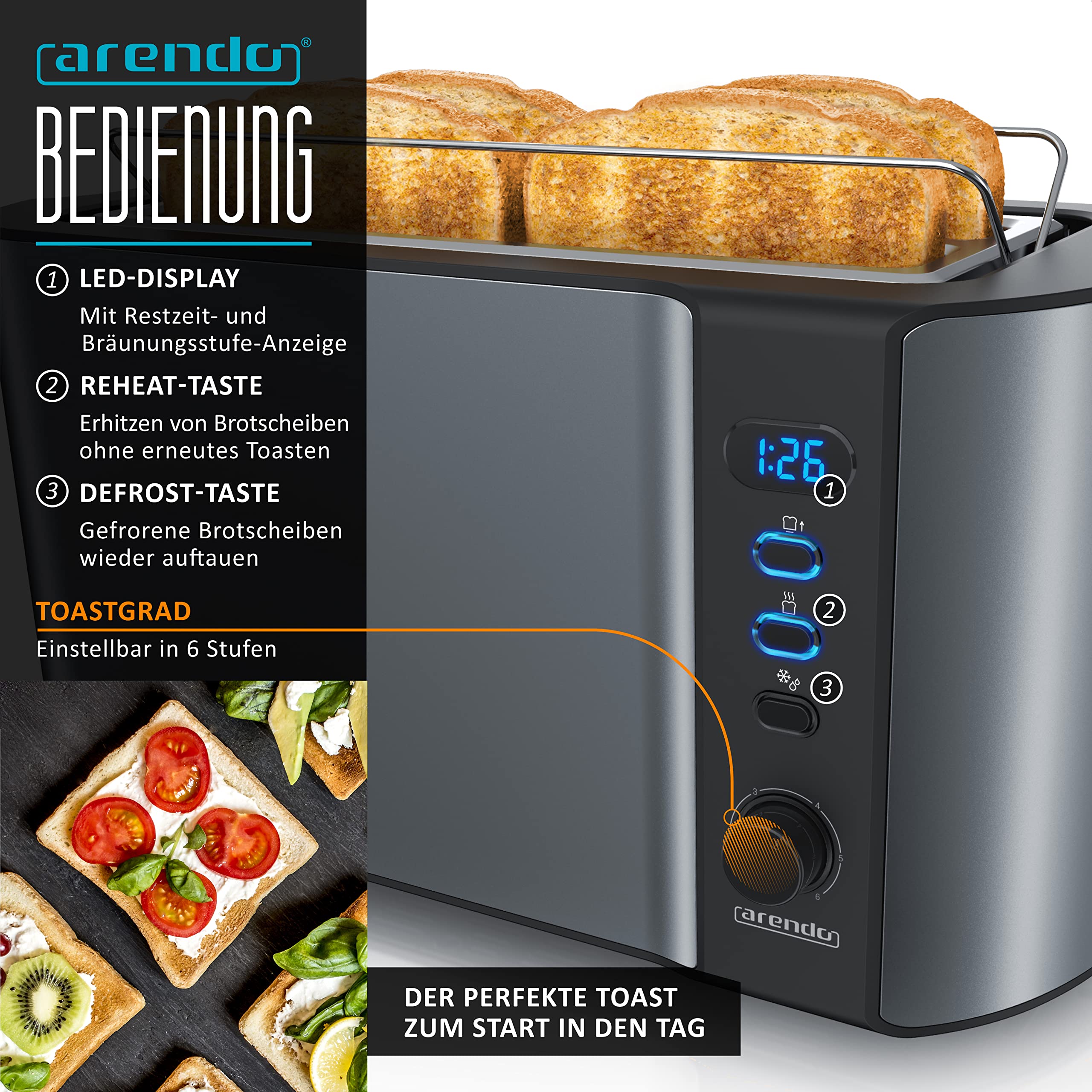 Arendo Wasserkocher Toaster Eierkocher Set Edelstahl Grau 1,5L 40-100°C 4 Scheiben LED 6 Bräunungsgrade 1-7 Eier