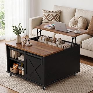 JAMFLY 31" Lift Top Square Coffee Table, Farmhouse Coffee Table with Sliding Barn Door, Hidden Storage Compartment & Lockable Rolling Wheels, Multifunctional Center Table for Living Room, Black