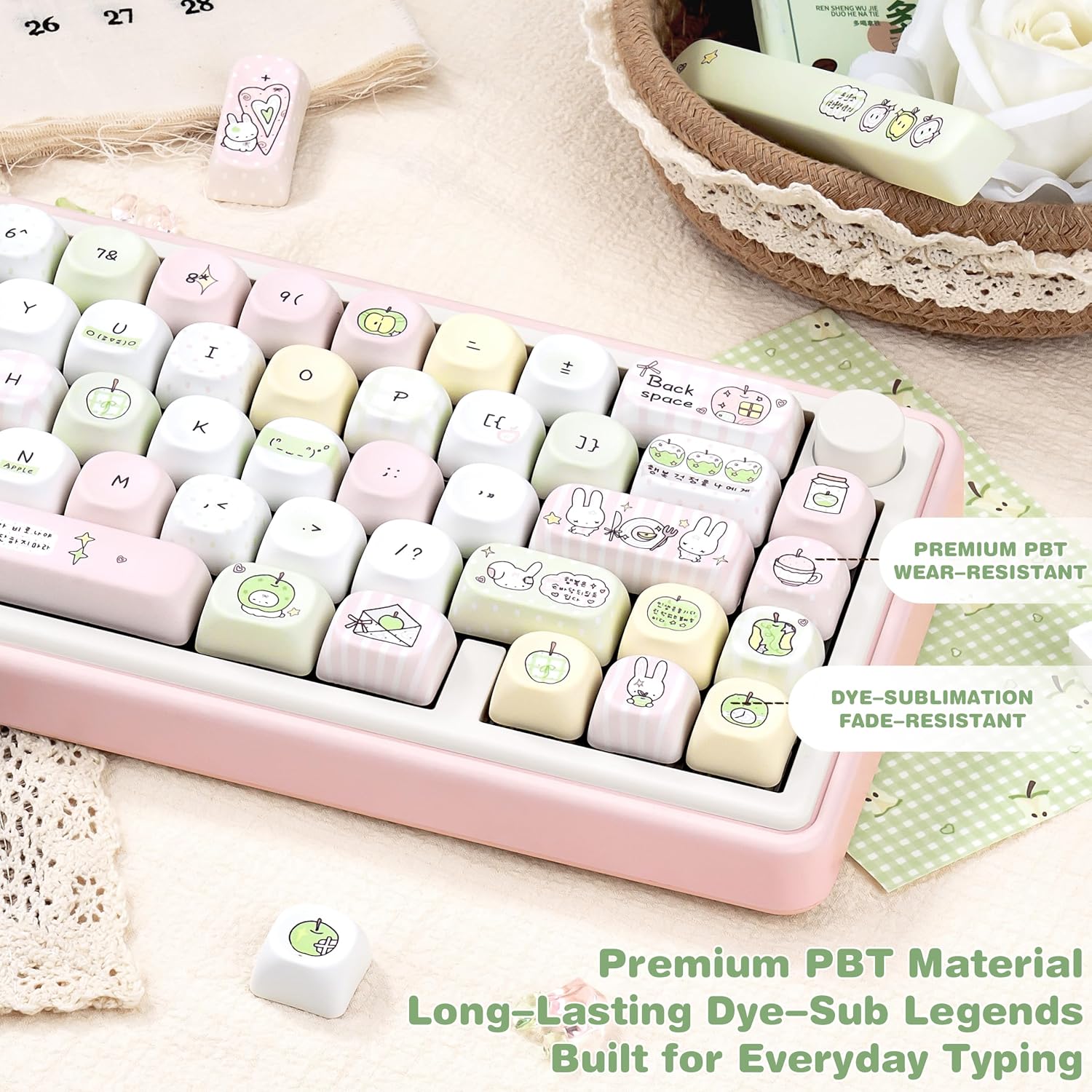 PBT Keycaps Pink White Fruit Bunny Cute Key Cap for Cherry MX