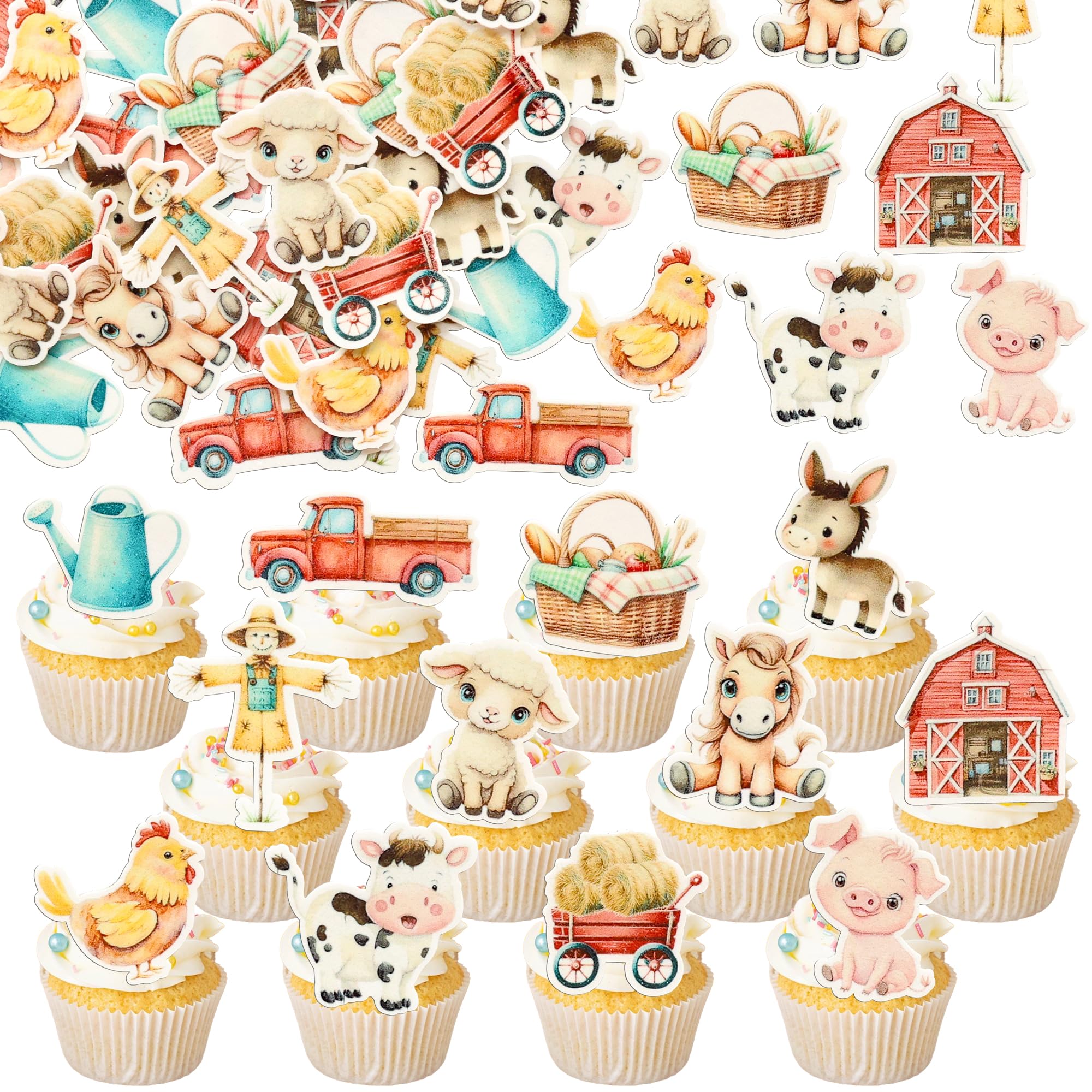 Ephlyn 48Pcs Edible Farm Cupcake Toppers Wafer Paper Farm Birthday Cupcake Decorations Edible Farm Animals Cake Decorations for Farm Theme Birthday