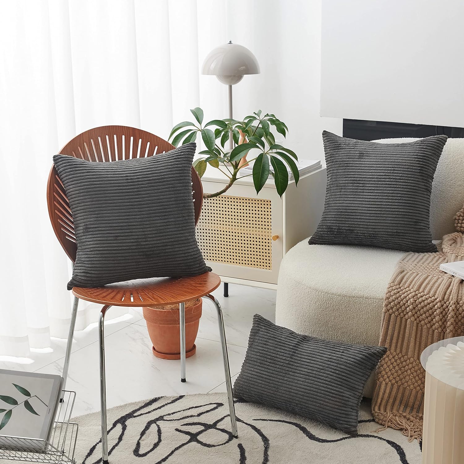 Home Brilliant Decorative Pillow Cover 12x20 Plush Striped Velvet Corduroy Oblong Pillowcase Accent Cushion Cover, 12 x 20 inch (30x50 cm), Dark Grey - Image 2