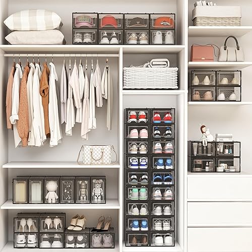 Miniatura 7 de Paquete de 12 cubos de almacenamiento de zapatos, organizador de zapatos apilable de plástico transparente para armario, zapatero plegable que