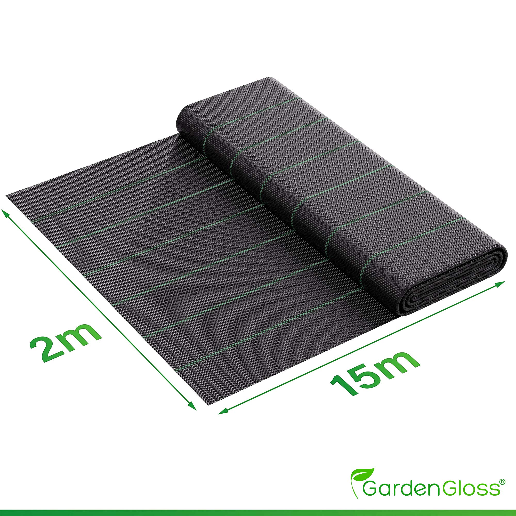 GardenGloss 30m2 Agrowłóknina Przeciw Chwastom 100g/m2 - Przepuszczalna dla Wody i Wytrzymała na Rozdarcia - Mata Ogrodowa z Wysoką Stabilizacją UV - Tkana Folia Przeciw Chwastom (15m x 2m, Składana)