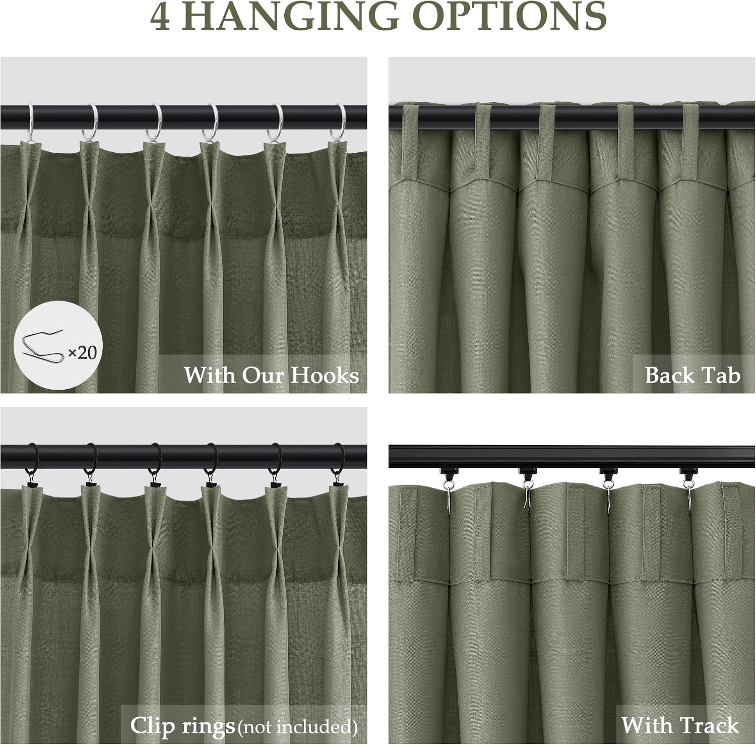 Aersas Forest Green Pleated Linen Curtains 102 Inches Long 2 Panels Set for Living Room Bedroom Neutral Farmhouse Back Tab Semi Sheer Pinch Pleat Ceiling Floor 102 Inch Large Window Curtain image 2